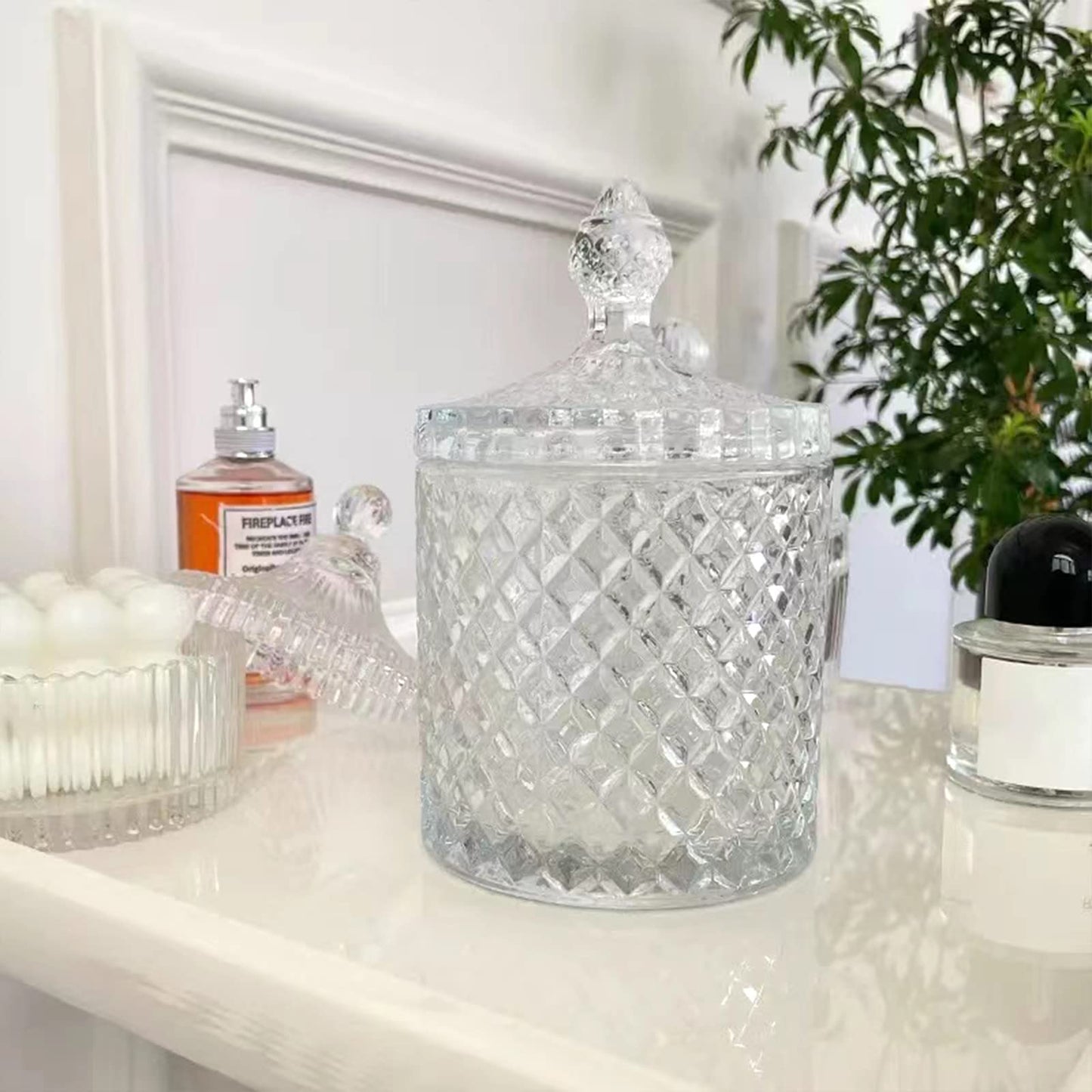 rejomiik Qtip Holder Glass Apothecary Jars with Lid Bathroom Accessories Vanity Organizers and Makeup Storage for Cotton Swabs, Makeup Sponges, Candy, Jewelry, 2 Pack Large Clear