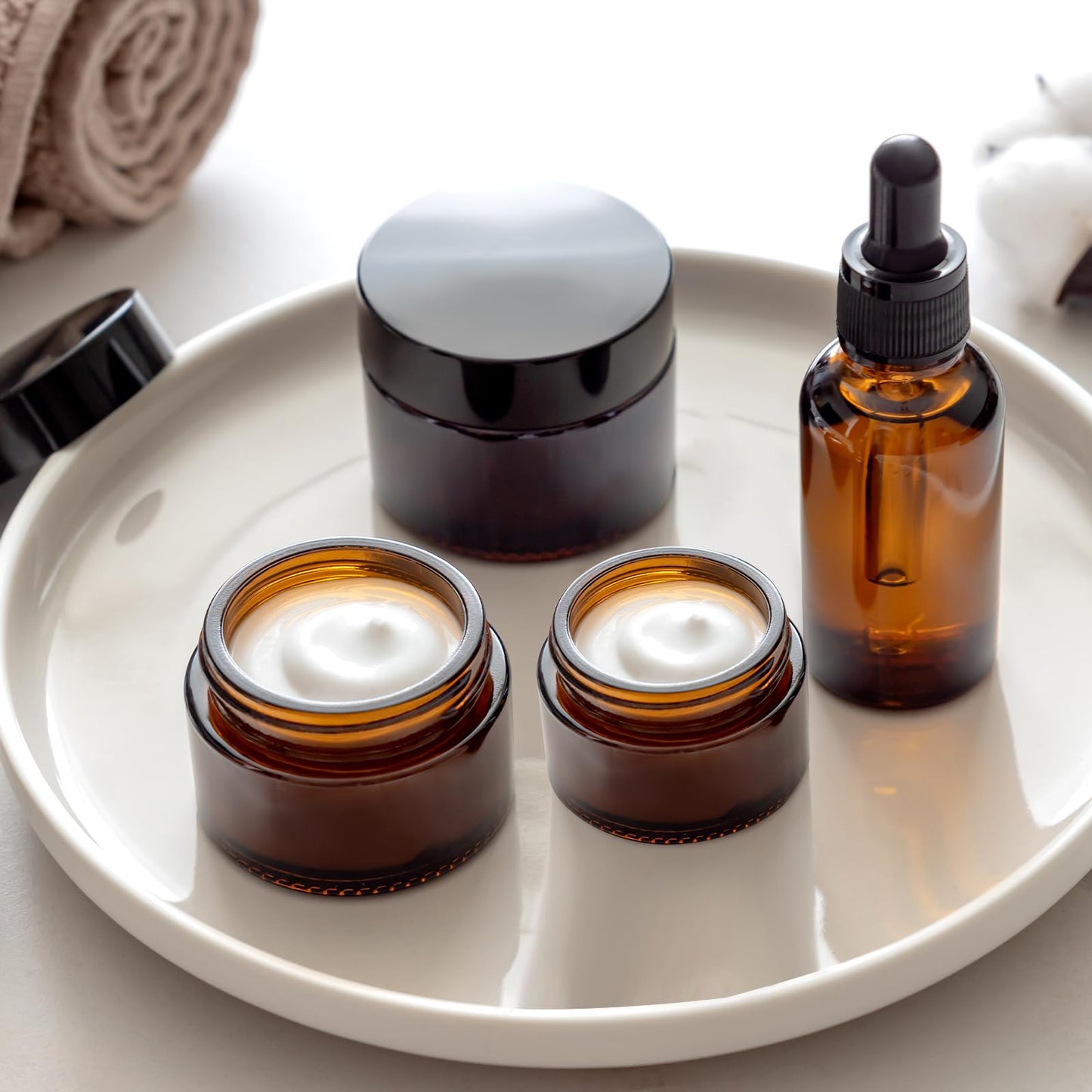 IRON BILL 1 Oz Amber Round Glass Jars with Inner Liners and Black Lids(12PCS) Empty Cream Containers Refillable Cosmetic Vials for Cosmetics, Lotions, Ointment, Body Scrubs & Balms