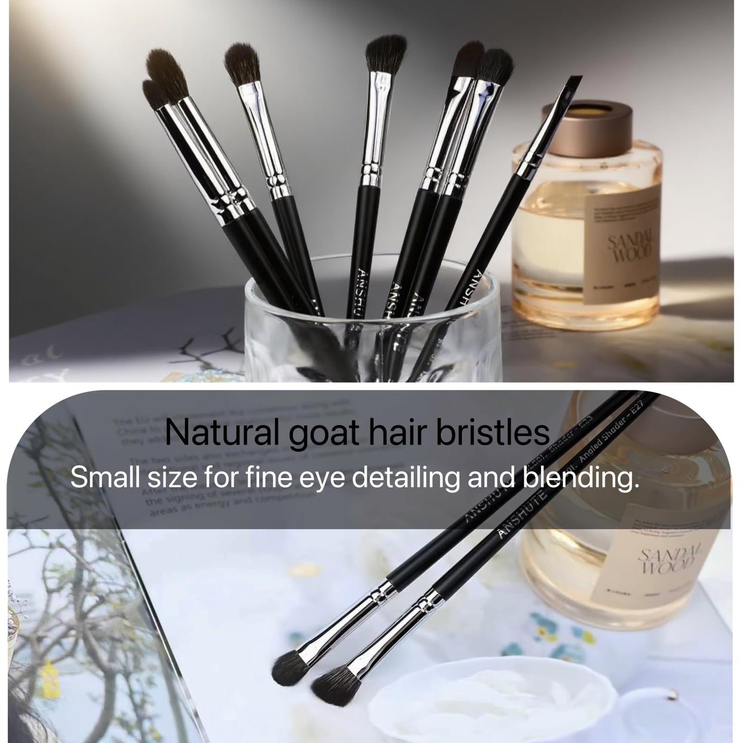 Anshute 7-Piece Natural Goat Hair Professional Eye Brush Set, Small size Bristles, Eyeshadow, Eyeliner, Concealer, Precise Makeup Application, Super Soft Bristles, Semi-matte Black Wood Handle
