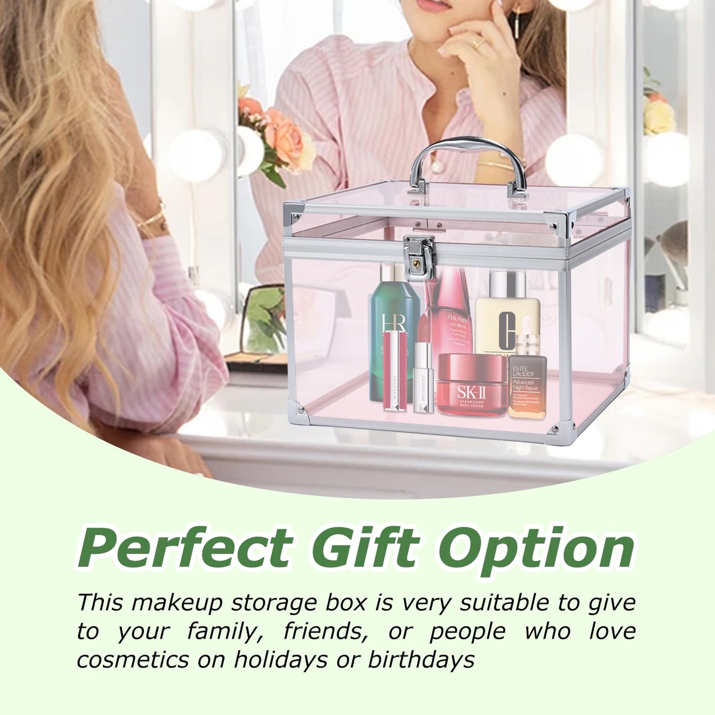 Crown Box, Clear Cosmetic Case, Acrylic Artists Display Case, Toiletry Train Case with Latches & Handle Large Capacity Acrylic Travel Makeup Tools Box for Vanity Dresser Bathroom Counter (Silver-Pink)