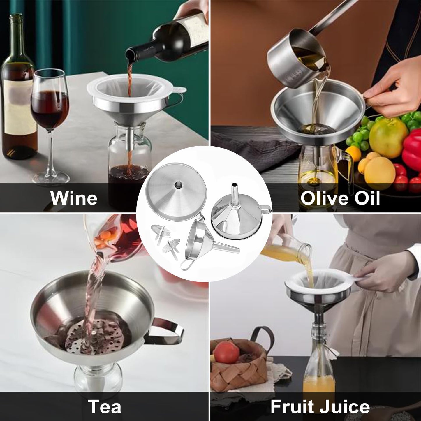 Lmoszuak Stainless Steel Funnels for Kitchen use,4PCS Kitchen Metal Funnel with 2 Removable Strainer,Cleaning Brush.Funnel for Filling Bottles,for Transferring of Liquid,Oils,Jam (5.1",3",2.2",1.8")