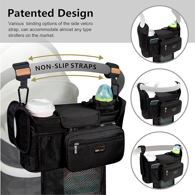 TOPDesign Universal Baby Stroller Organizer, Stroller Caddy with Detachable Mesh Bag & Heightened Insulated Cup Holders & Non-Slip Secure Hooks Accessories, Fits Most Strollers (Zoo)