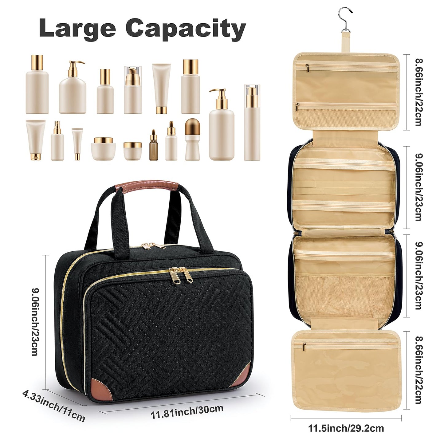 LANDFOBO Toiletry Bag for Women, Hanging Travel Toiletry Bag with Jewelry Organizer Compartment Large Makeup Bag, Cosmetic for Travel Business Trips Camping Bathroom Black