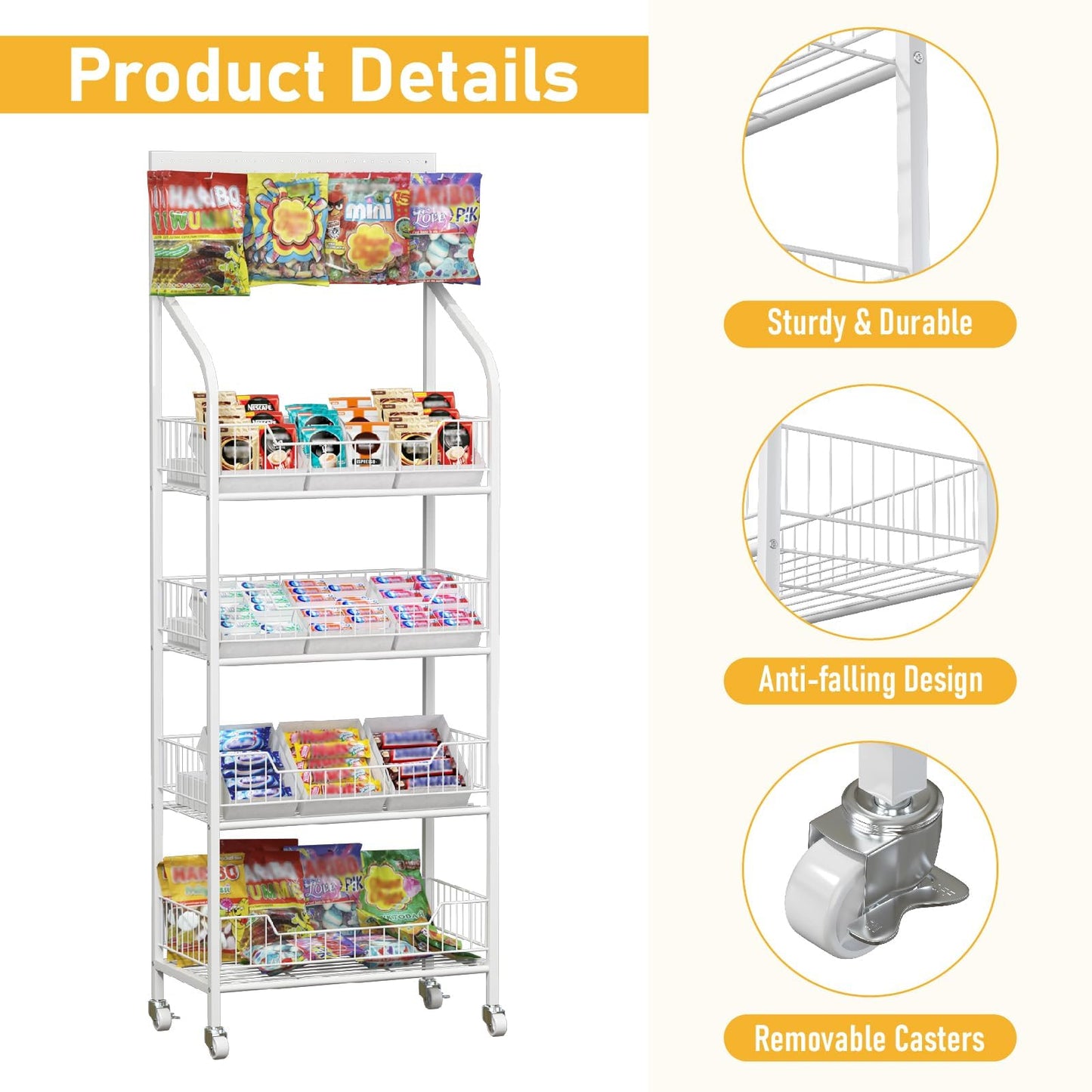4-Tier Retail Snack Display Rack, Metal Candy Potato Chip Display Shelf with Wheels & Hooks, Free-Standing Snack Shelf Organizer for Store, Supermarket, Convenience Shop, Pantry & Kitchen, White