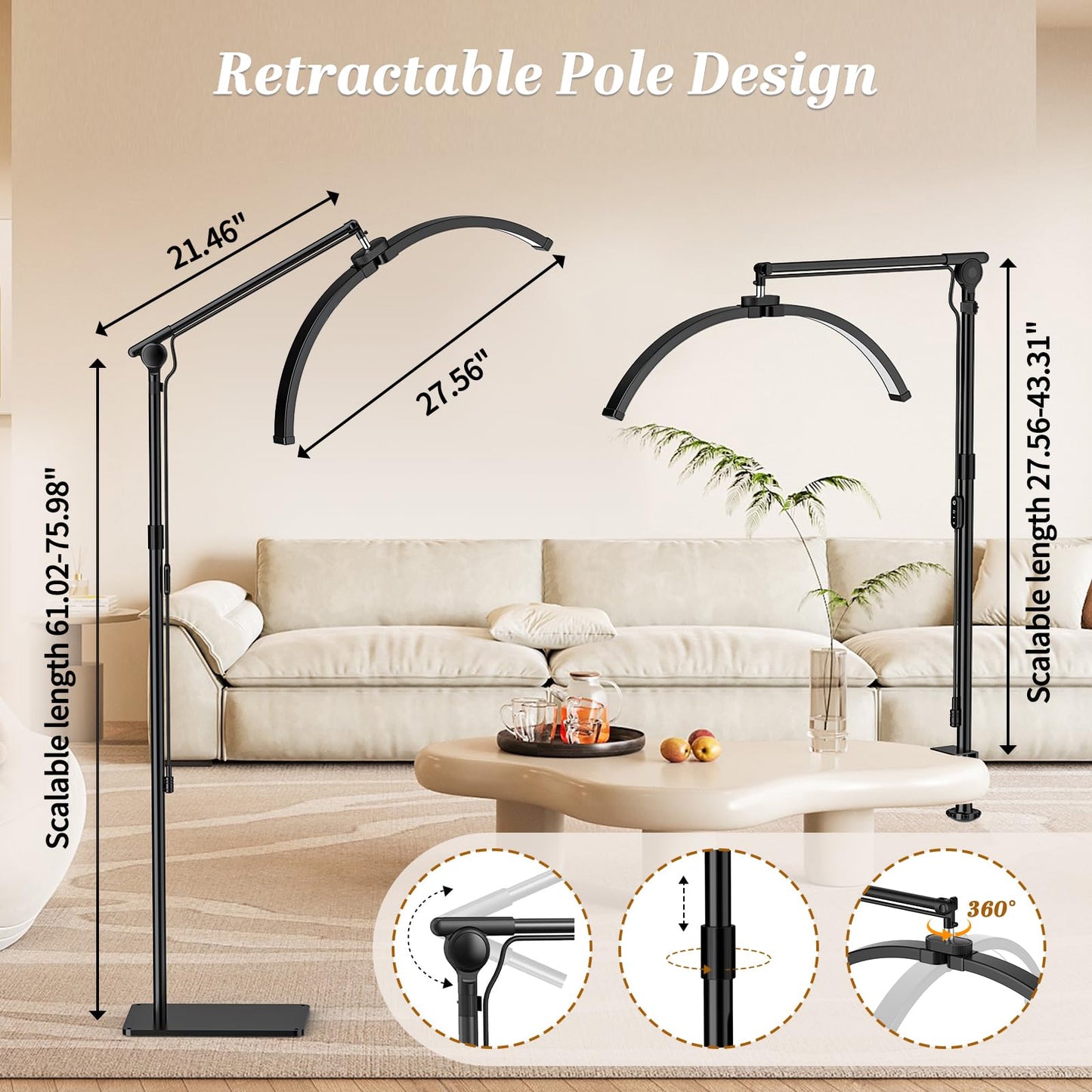 LateRep Half Moon Light, 3-Color Lash Light for Eyelash Tech, Foldable Dimmable Floor Lamp, 308 Led Beads Shadowless Half Moon Lamp with 360° Rotation for Beauty, Tattoo, Reading