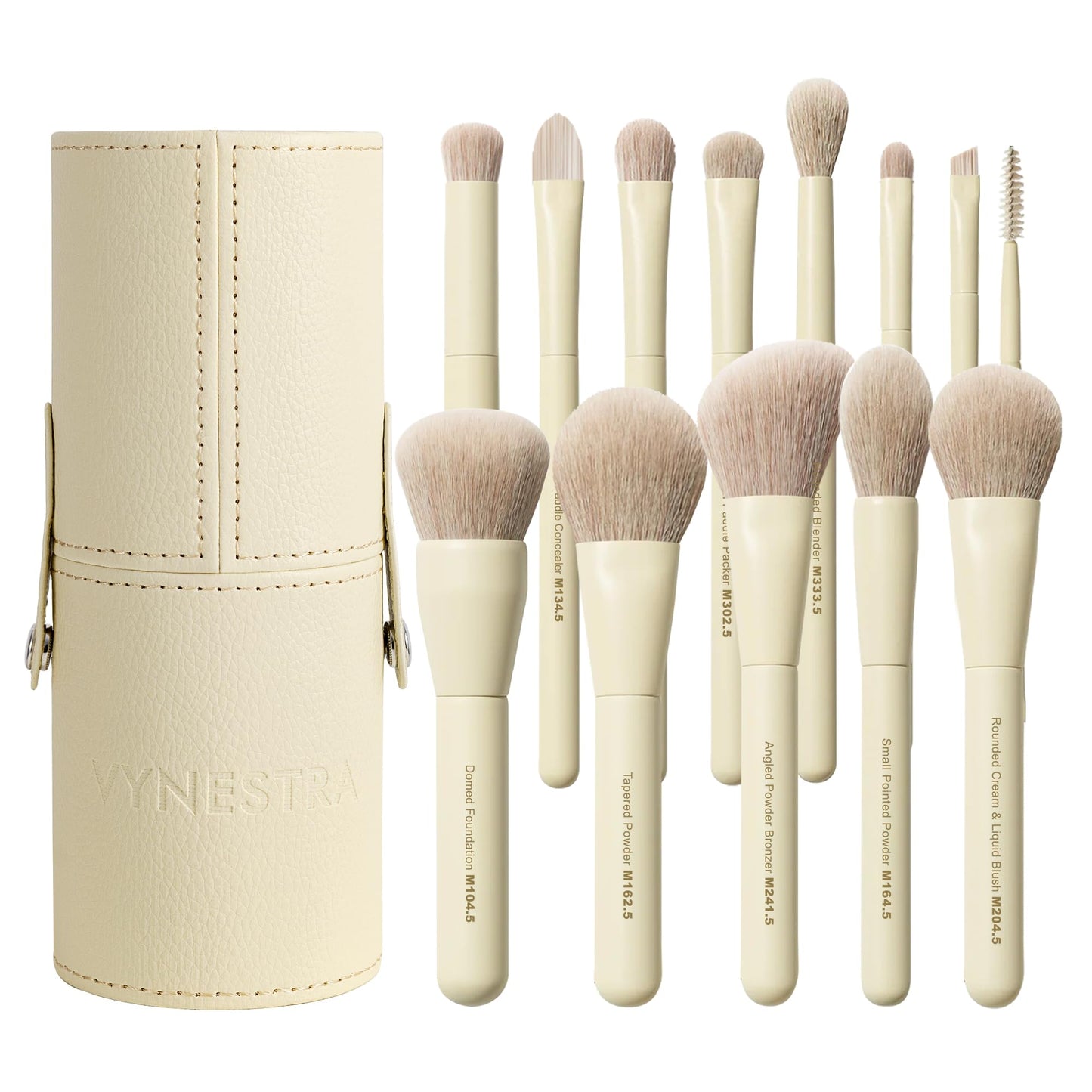 VYNESTRA Travel 12 Piece Makeup Brushes Set Labeled Face and Eye Make Up Brush Set Complete with Foundation, Concealer, Contour, Blending, Blush, Eyeshadow Brush with Travel Holder Case, Butter Yellow