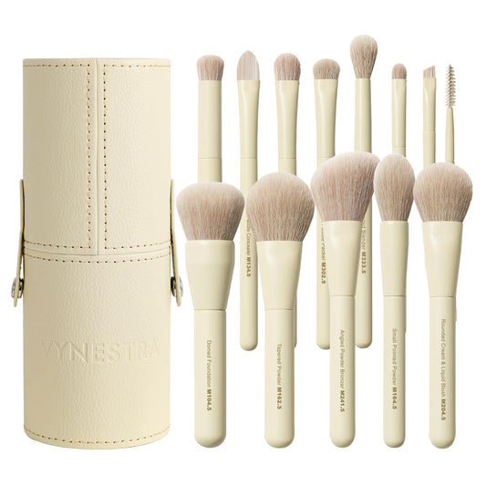 VYNESTRA Travel 12 Piece Makeup Brushes Set Labeled Face and Eye Make Up Brush Set Complete with Foundation, Concealer, Contour, Blending, Blush, Eyeshadow Brush with Travel Holder Case, Butter Yellow