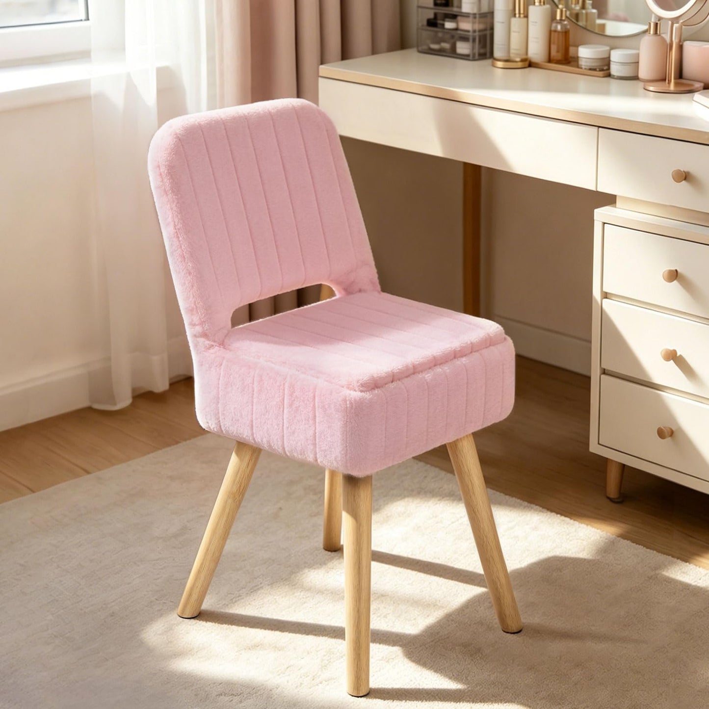 KANEODOT Vanity Stool with Storage & Folding Backrest,Faux Rabbit Fur Small Makeup Chair with 4 Solid Wood Legs,11.4" D x 14.9" W x 28.7" H,Soft Ottoman for Living Room,Bedroom,Closet,Pink