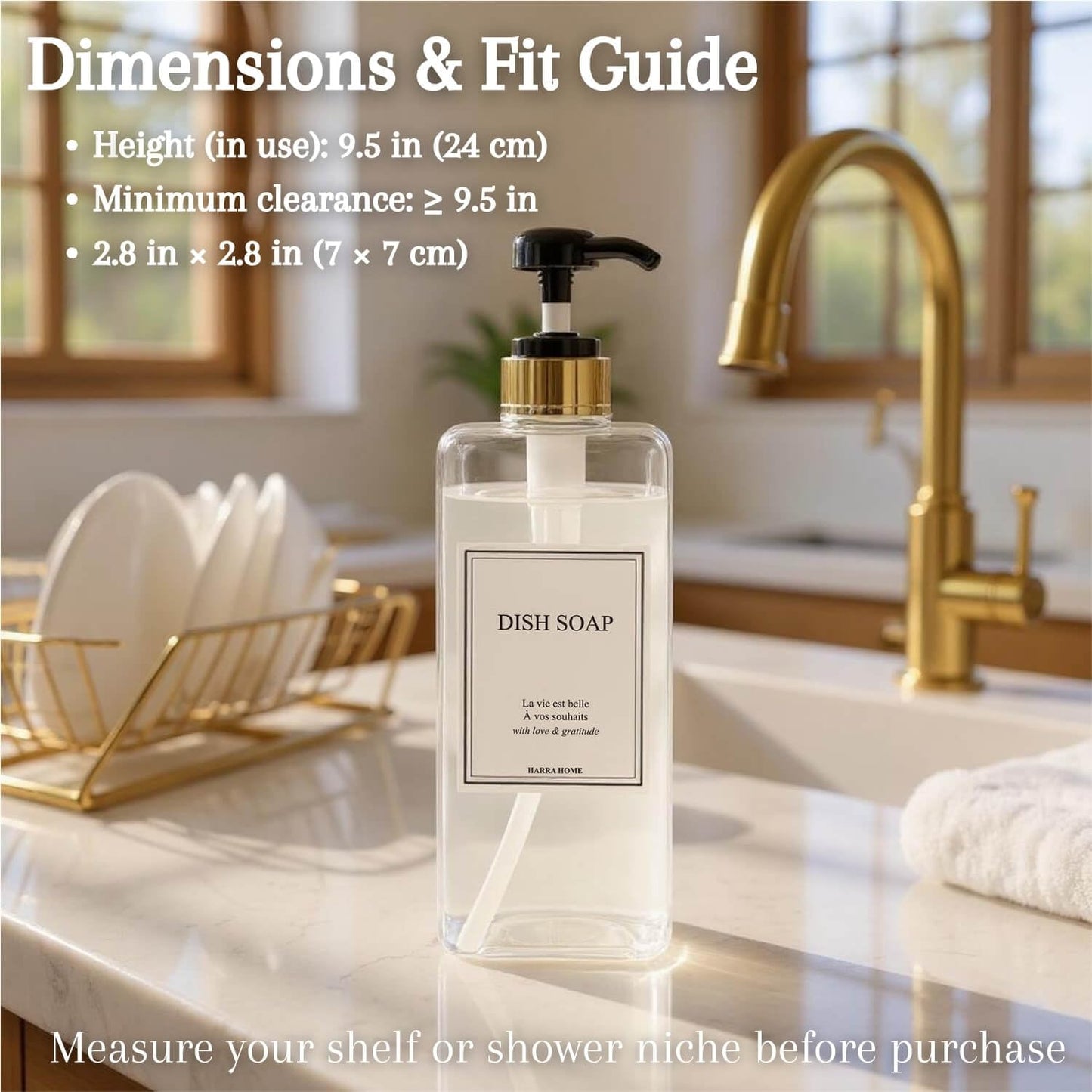 Modern Gold Design Shampoo and Conditioner Dispenser, Large 27oz Shower Soap Dispenser, Set of 3 Refillable Empty Plastic Pump Bottles for Bathroom (6 Waterproof Labels Included), (Clear & Black)