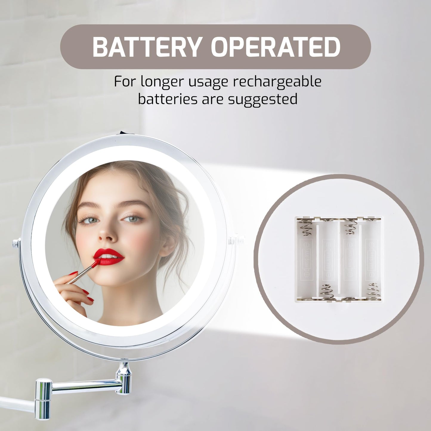OVENTE Wall Mounted Lighted Makeup Mirror, 9" Double Sided 1X/10X Magnifying Vanity Mirror for Bathroom with LED Lights, Cordless, 360° Rotation and 13" Extendable Arm, Polished Chrome MFW85CH1X10X