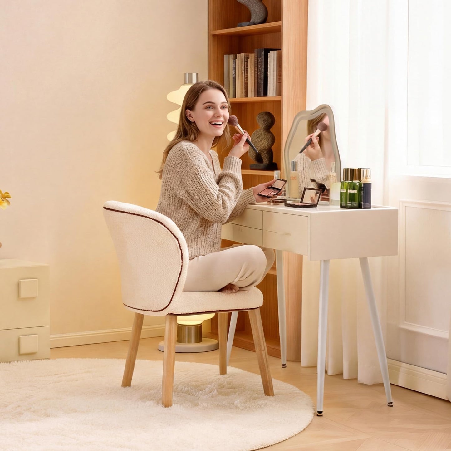 VINGLI Chenille Curved-Back Armless No Wheels Vanity Chair for Girls, Cute & Furry Upholstered Desk Chair with Solid Wood Legs for Study/Makeup/Bedroom/Dressing, Fluffy Makeup Chair for Teens, Beige