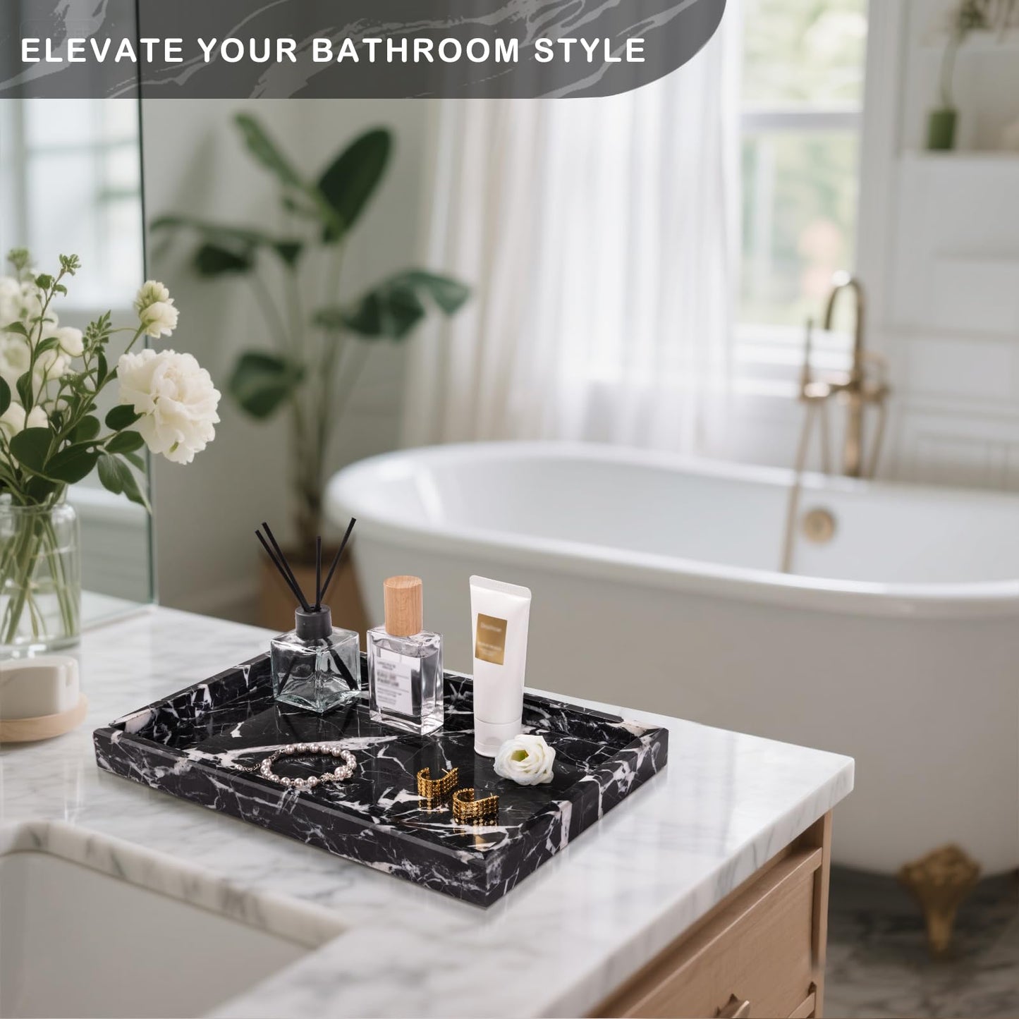 Homaura Marble Bathroom Tray for Countertop & Home Decor, Natural Decorative Marble Tray for Jewelry & Perfume Organizer, Luxury Stone Vanity Trays for Dresser, Kitchen Counter, 12" x 8", Black