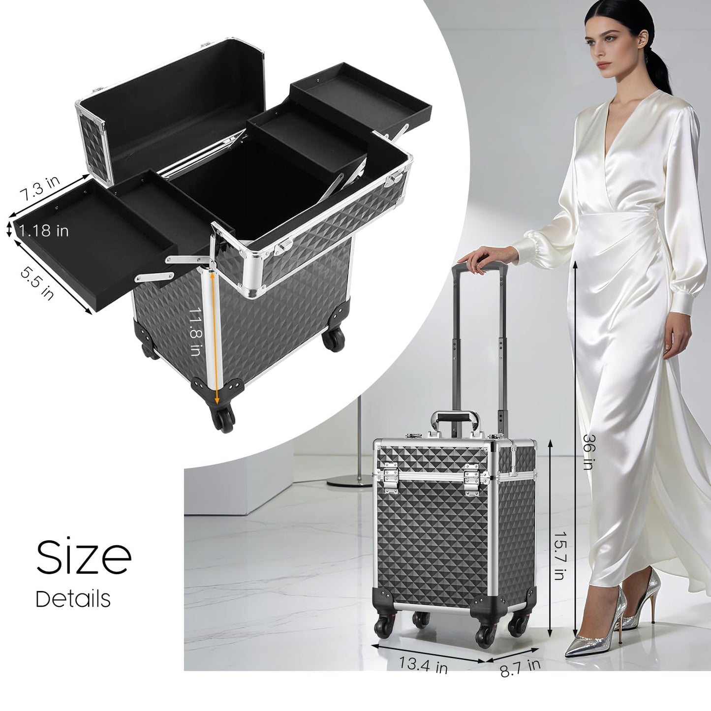 Mecucasi Rolling Makeup Train Case Large Cosmetic Trolley Organized Aluminum Barber Case for Hairstylist Makeup Nail Tech Salon with Keys Swivel Wheels Traveling Cart Trunk - Black