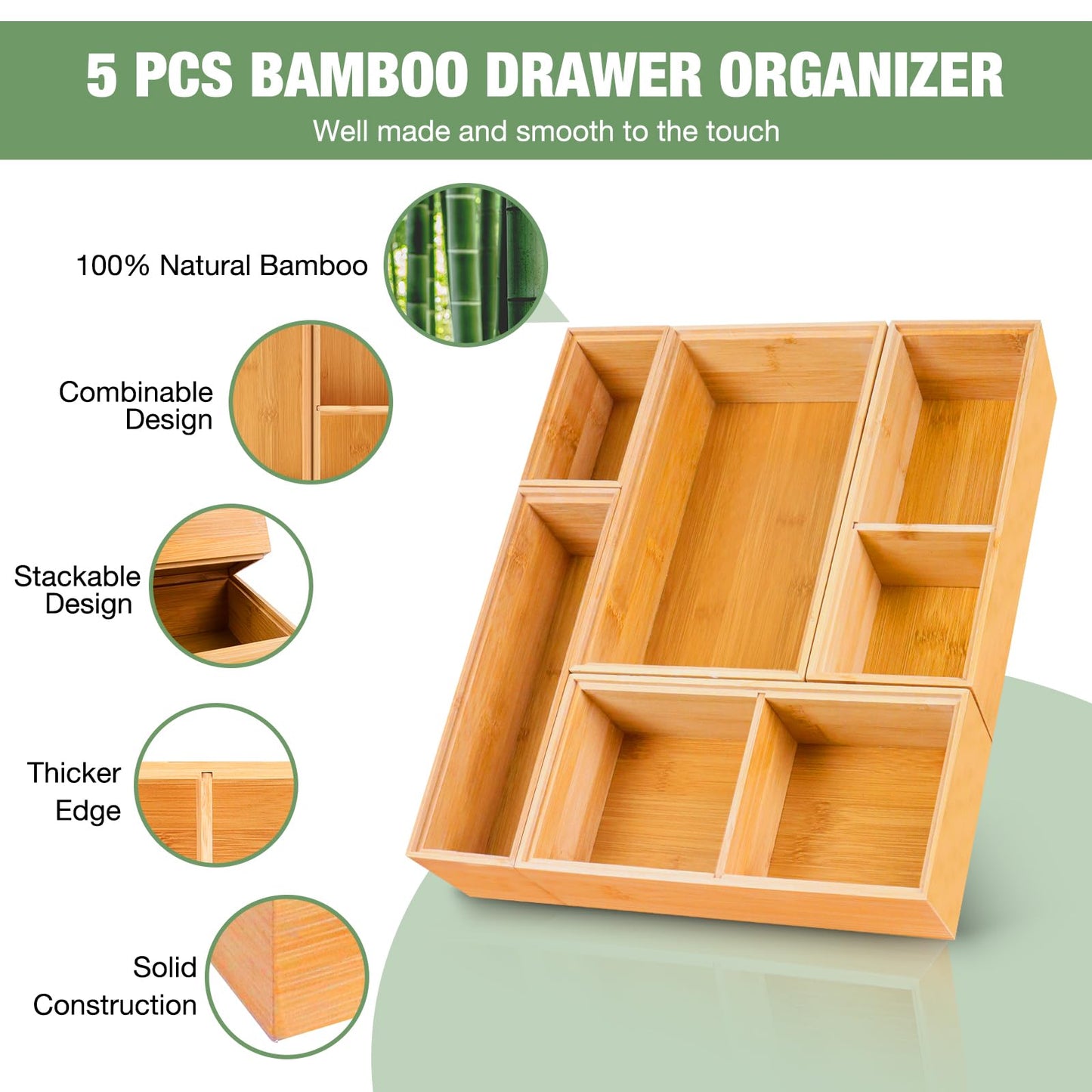 Bxngjuj Bamboo Drawer Organizer,5 PCS Silverware Organizer & Kitchen Organizers and Storage,Utensil Drawer Organizer With Removable Dividers for Kitchen,Utensils,Bathroom,Office,Makeup(Natural)