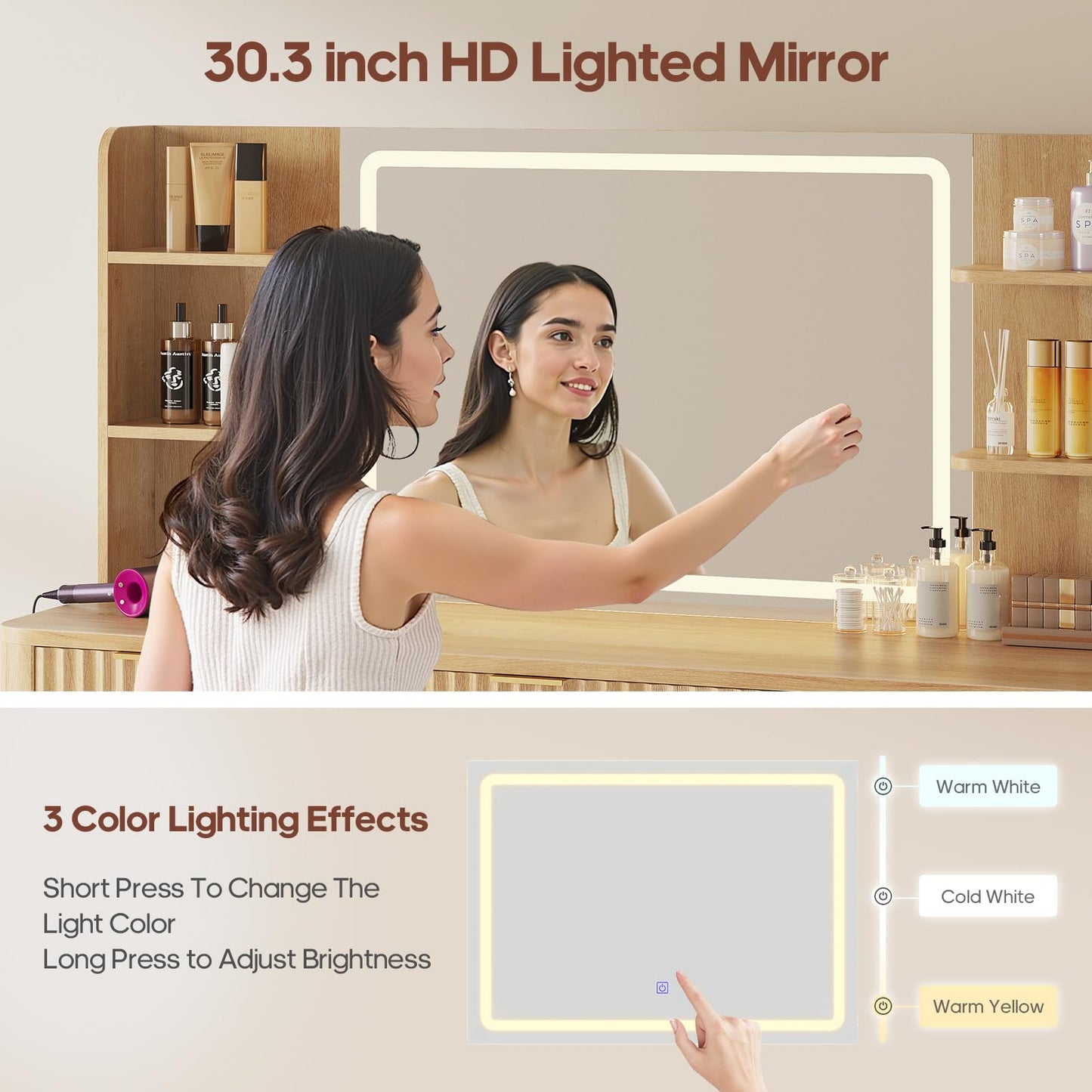 HAUOMS 51.2" Fluted Makeup Vanity Desk with Large 30.3" Mirror and Lights, 5 Drawer Vanity with Power Strip, 6 Open Shelves, 2 Cabinet，Modern Dressing Table with Solid Wood Legs for Bedroom, Oak