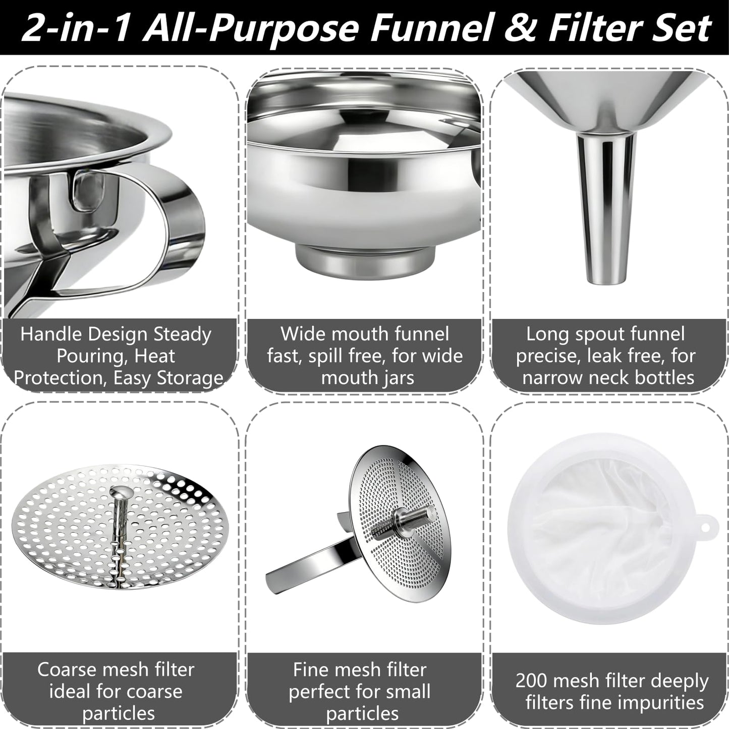 SWJLR Stainless Steel 2 Pack Funnel Set Long Spout Funnel for Narrow Neck Bottles (Oil, Sauce) Wide Mouth Funnel for Mason Jars, Canning with 200μm Fine Mesh Strainer & Removable Filters (Large Set)