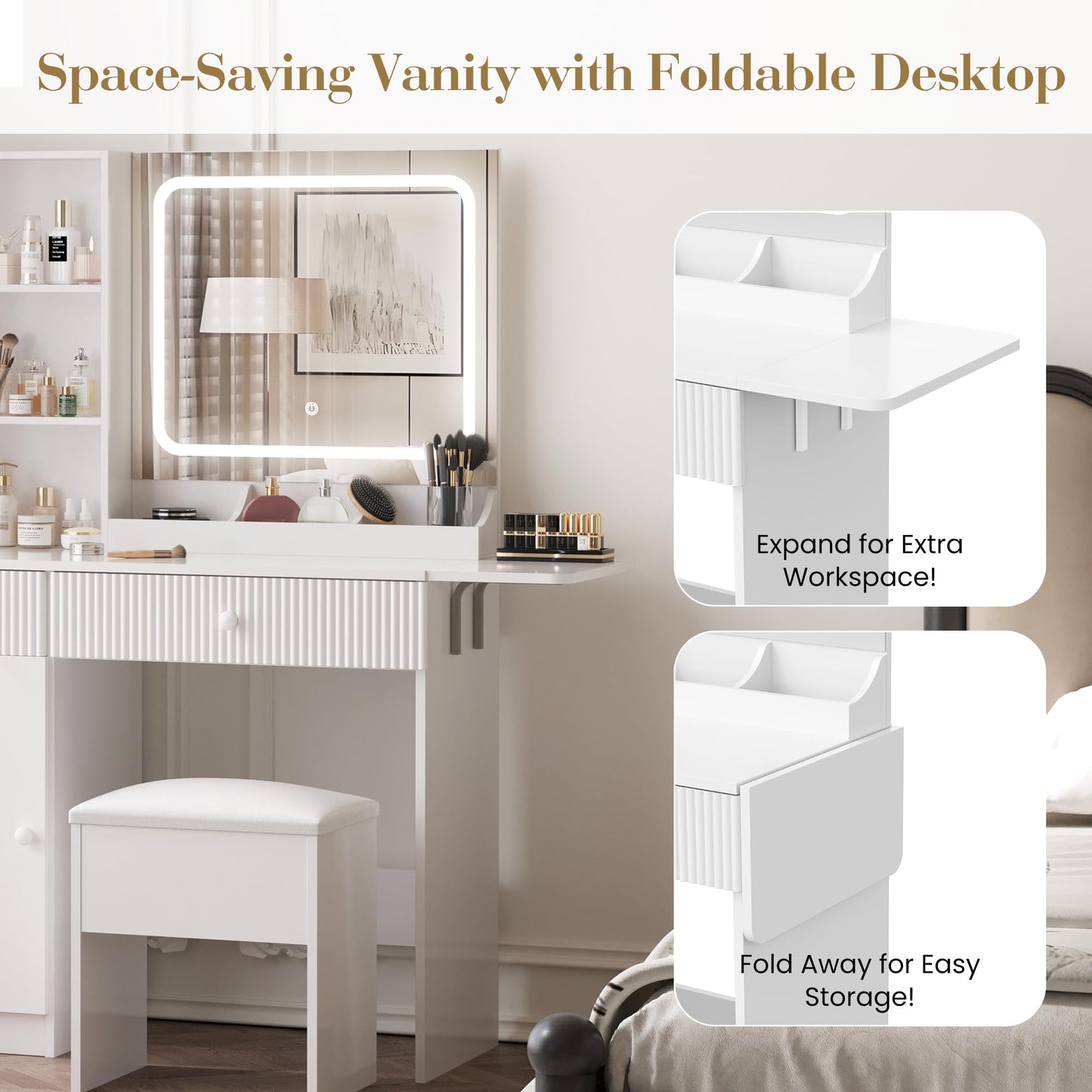 Vanity Desk with Mirror and Lights, Makeup Desk with 3 Lighting Modes, Power Outlet, Drawers & Storage Shelves, Storage Stool, Vanity for Bedroom, White