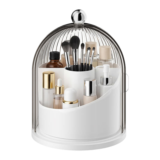 Veystor Makeup Brush Holder with Lid, 360° Rotating Cosmetic Organizer for Vanity, Covered Beauty Brushes Holder for Bathroom, Skincare Storage for Corner Countertop