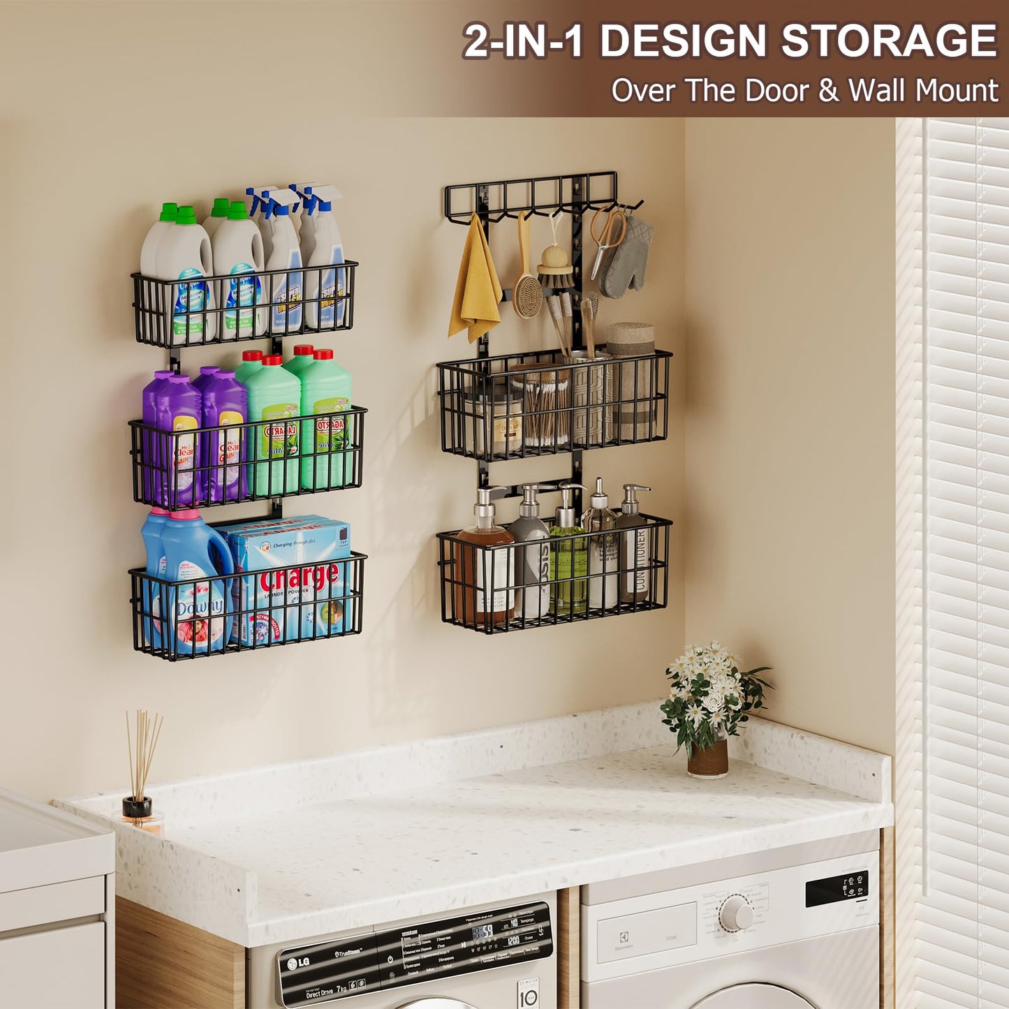 Hongtamoya Adjustable Over the Door Organizer, Metal Hanging Door Organizer with 5 Wire Basket 7 Hooks, Wall Mounted Shelf for Pantry Laundry Organization and Storage, Black