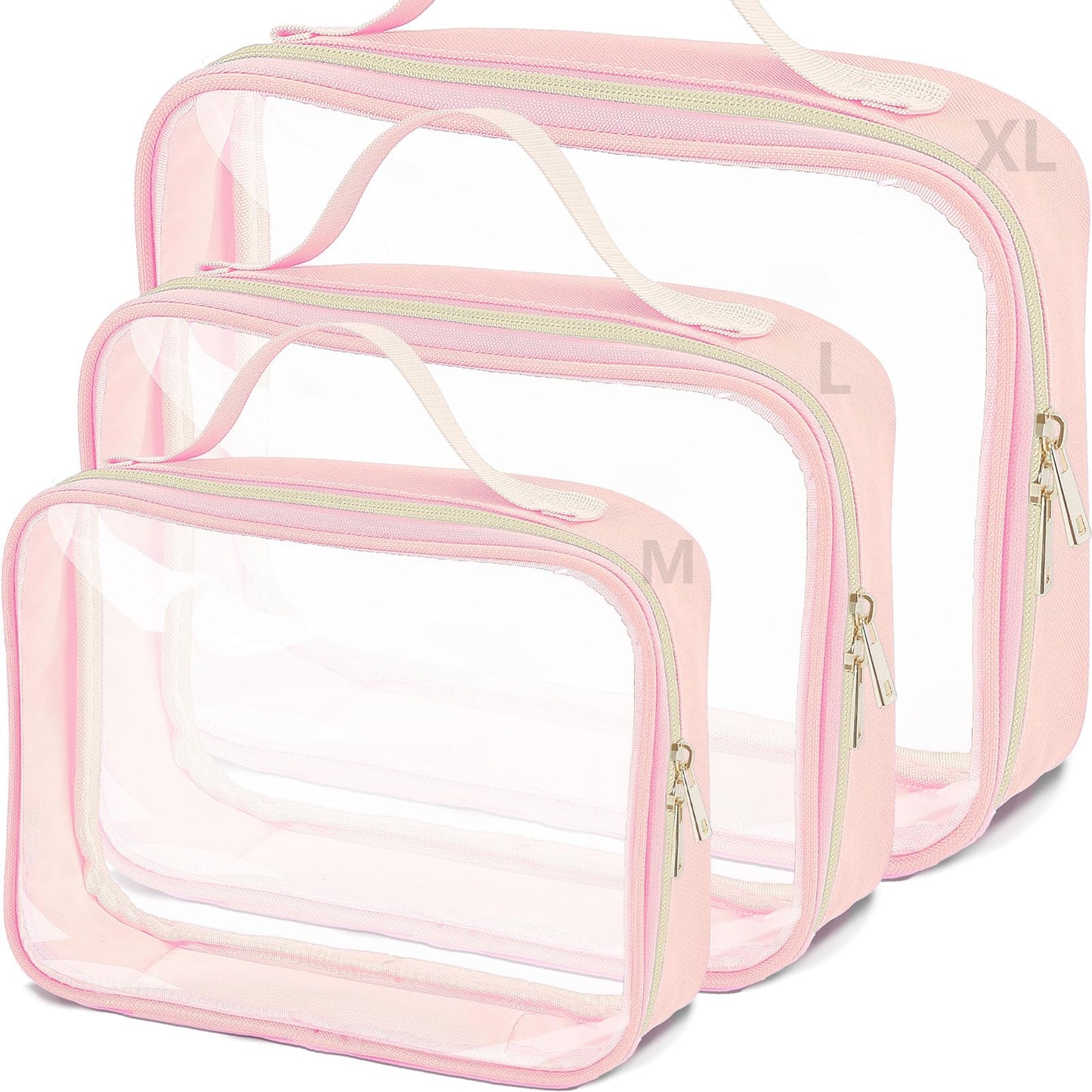 TREALDATE 3 Set of Clear Travel Bags for Toiletries,Clears Makeup-Bag Quart Size Travel Bag, Pink