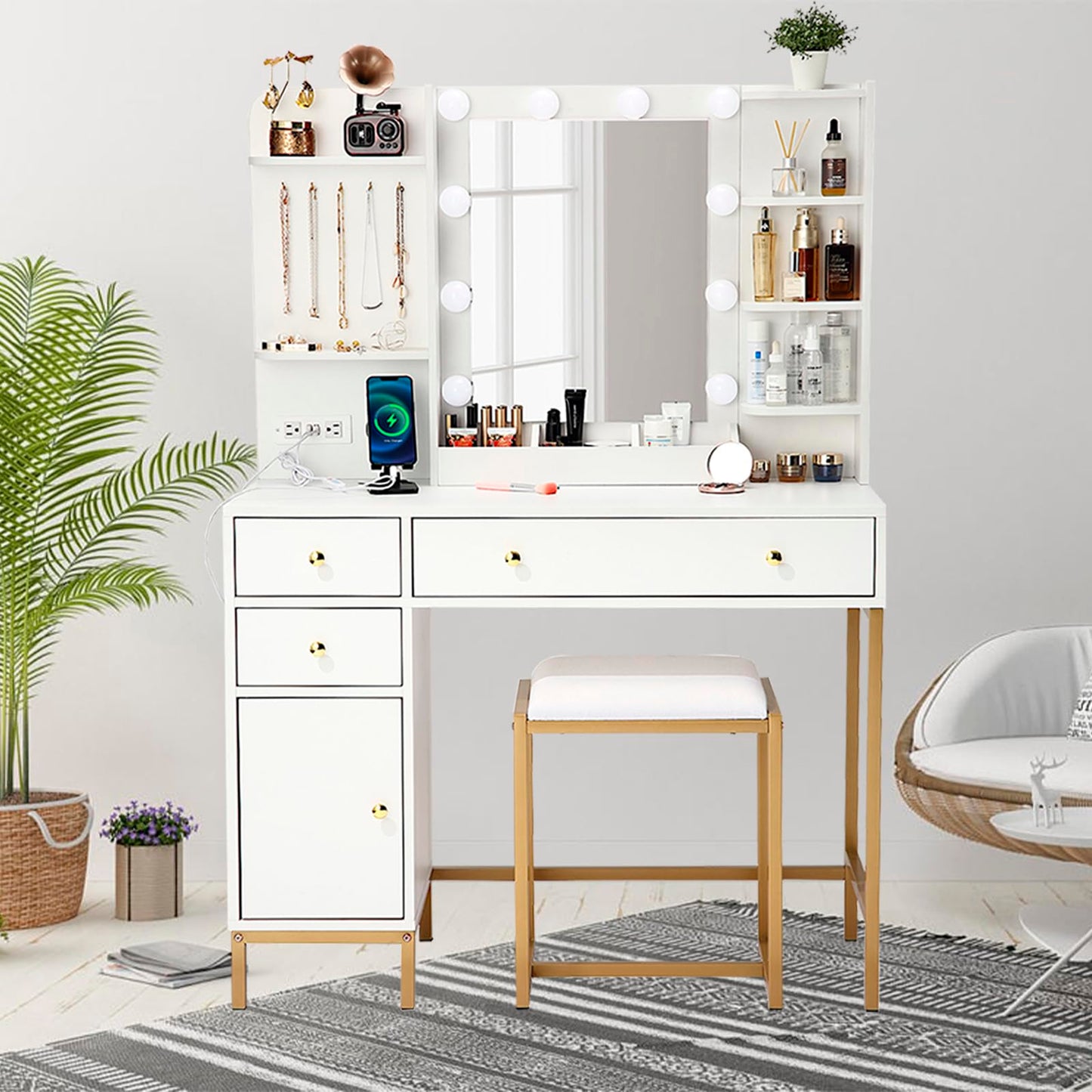 MilleLoom Vanity Desk with Stool and Charging Station, White Vanity Set with Mirror & Lights, 3 Lighting Colors, Large Makeup Table for Bedroom Dressing Room