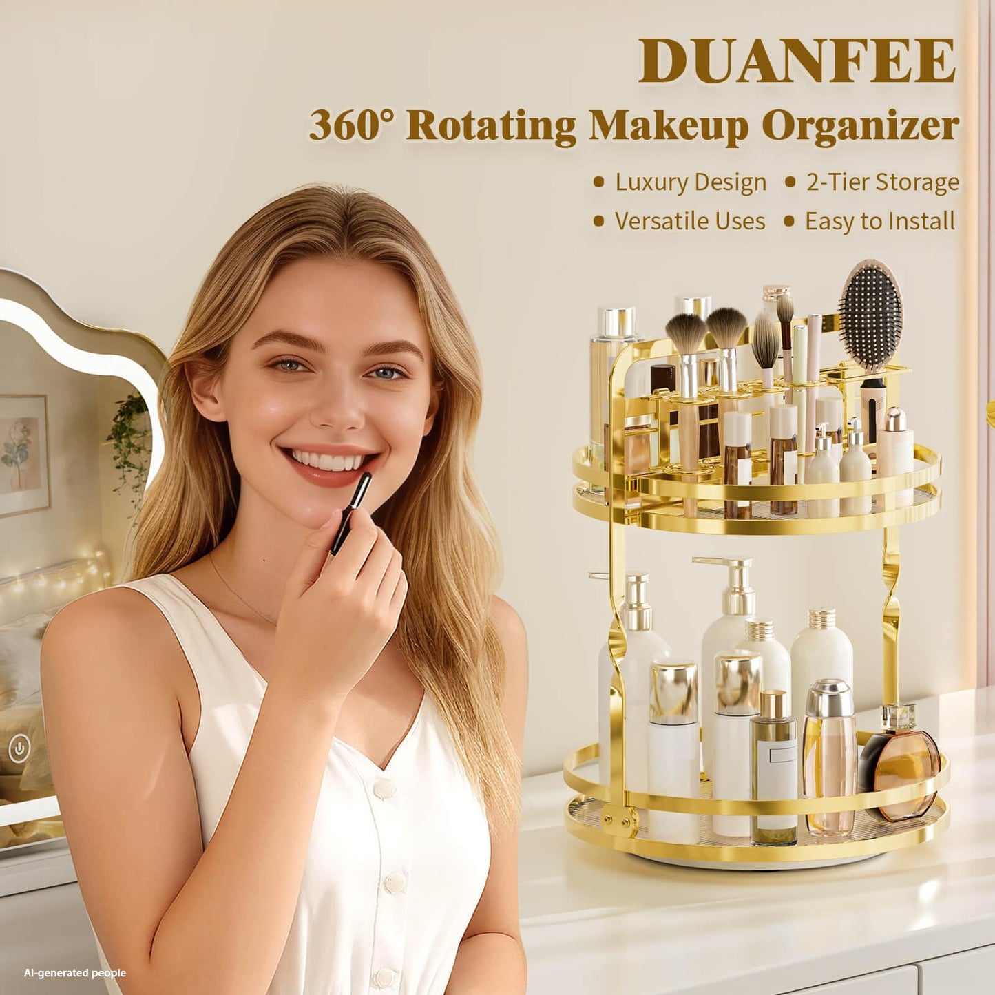 DUANFEE 360° Rotating Makeup Organizer, 2-Tier Gold Perfume Organizer for Dresser, Bathroom Organizer Countertop, Lazy Susan Spinning Perfume Stand Vanity Skincare Storage with Makeup Brush Holder