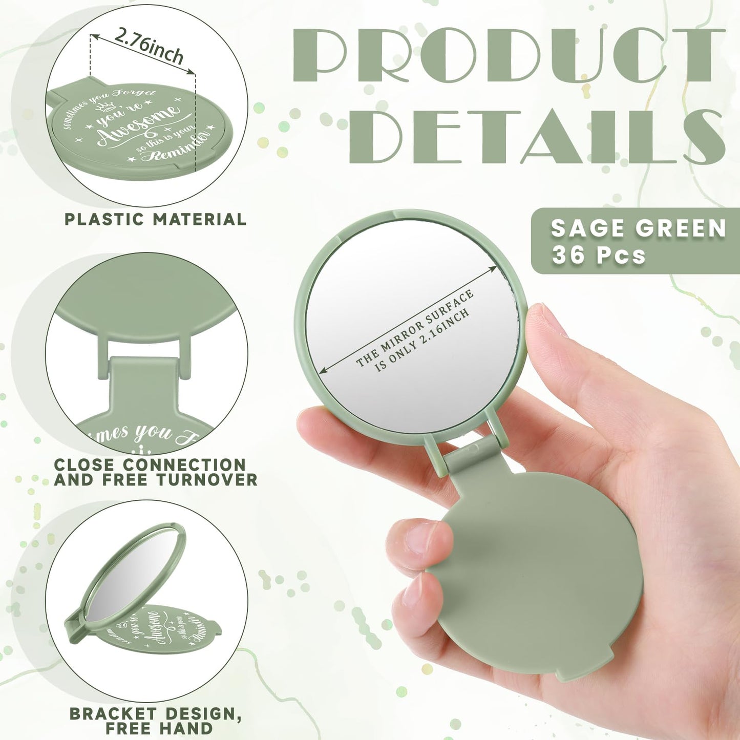 Gulfmew 36 Pcs 2.76 Inch Inspirational Compact Mirror Bulk Women Small Gifts Graduation Mothers Day Party Favors Purse Mirror Pocket Mini Items for Adult Coworker Cheerleader Swag Bag (Sage Green)