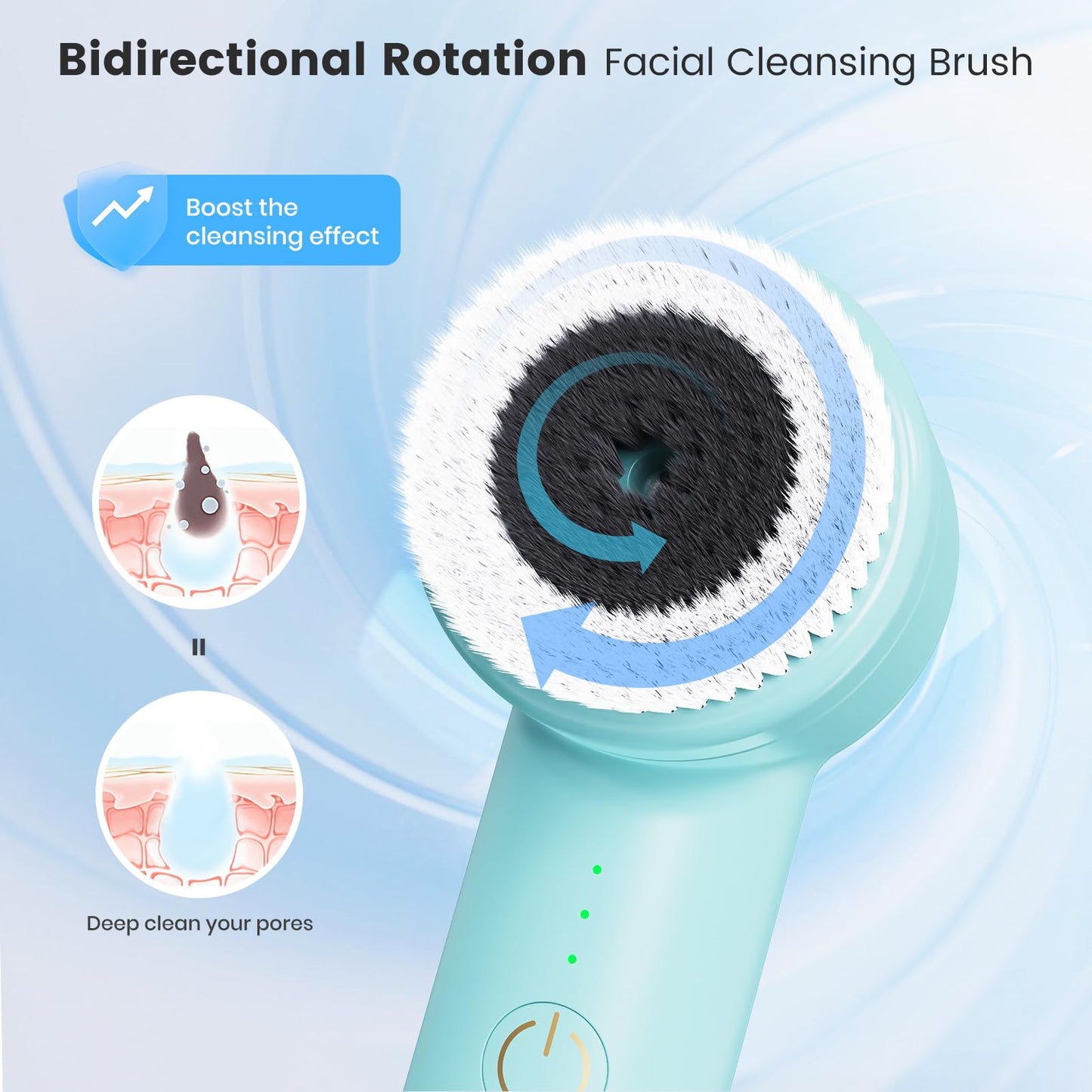 Electric Facial Cleansing Brush, 2-Way Rotating Rechargeable Face Scrubber for Daily and Deep Cleaning, 3 Modes, 3 Brush Heads, Waterproof, Face Wash Brush for All Skin Types