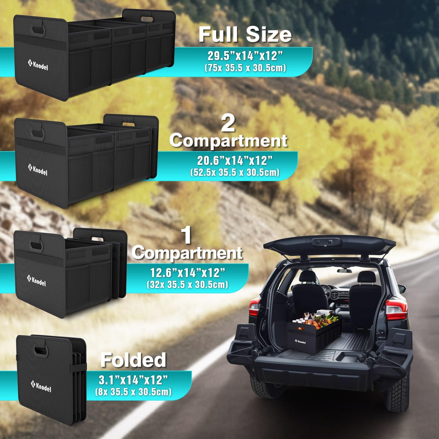 K KNODEL Car Trunk Organizer, Foldable Organizer for Car, Automotive Consoles & Organizers, 3 Compartments Storage with Reinforced Handles (Large, Black)