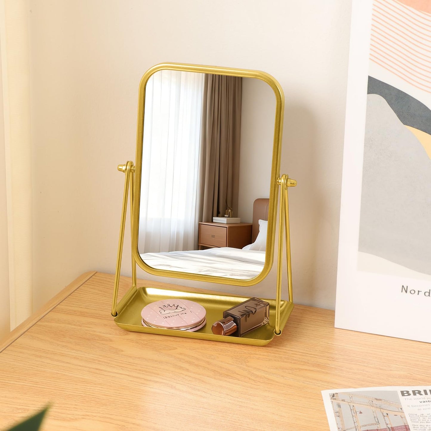 Gold Desk Mirror Rectangular Tabletop Vanity Makeup Mirrors with Metal Stand and Storage 360°Rotation Adjust Table Mirror Portable Cosmetic Mirrors for Dressing Bathroom Bedroom