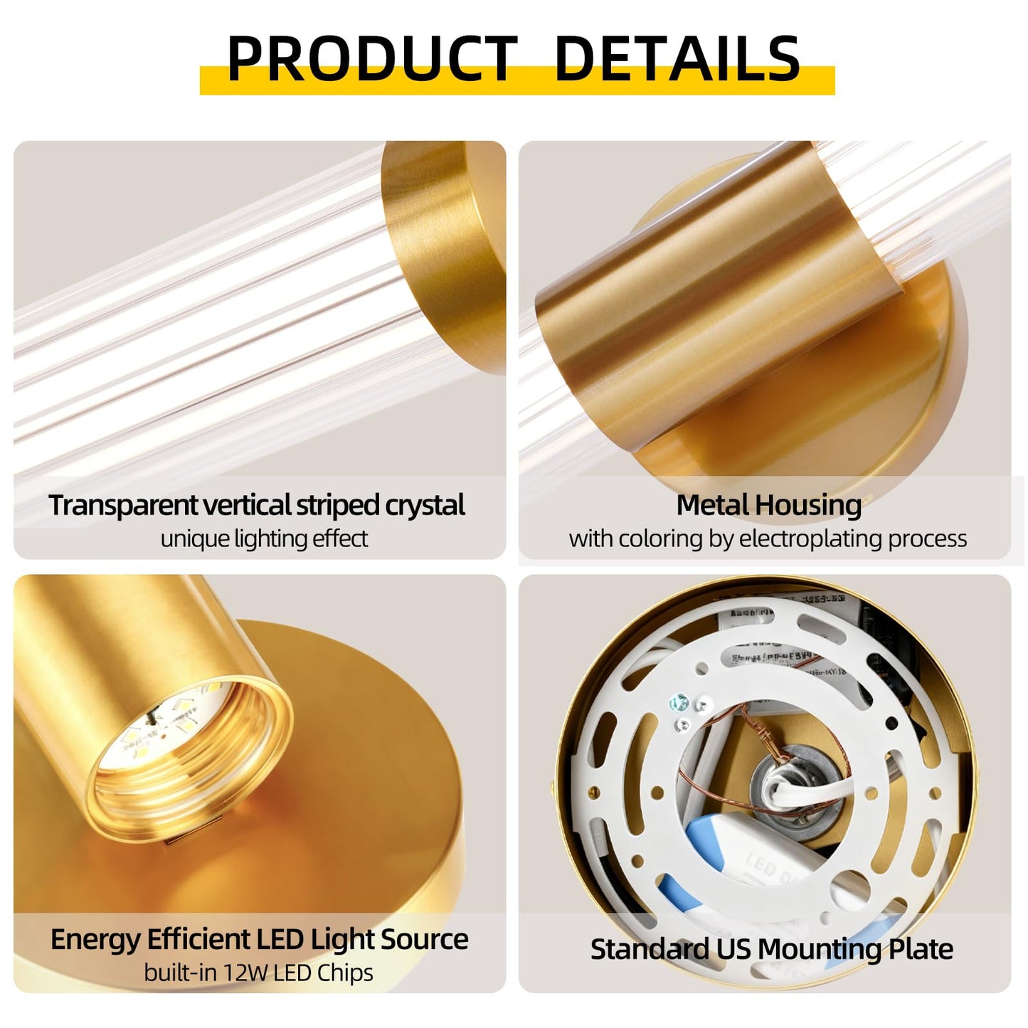 MantoLite Bathroom Vanity Light bar, Modern Brass LED Wall Sconce Over Mirror, Dimmable 3000K/4000K/6000K,Hardwired Bathroom Wall Light,24 Inch Bar Long Strip Sconce