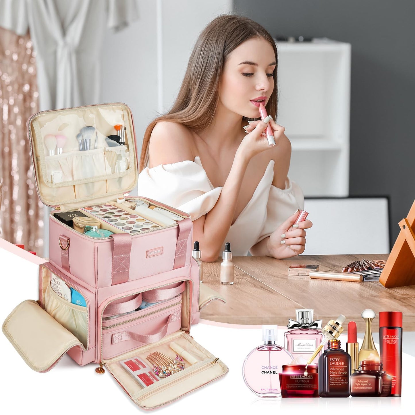 Jaffzora Extra Large Makeup Bag,4 in 1 Cosmetic Storage Organizer Travel Case with 3 Detachable Pouches and Dividers,Pink