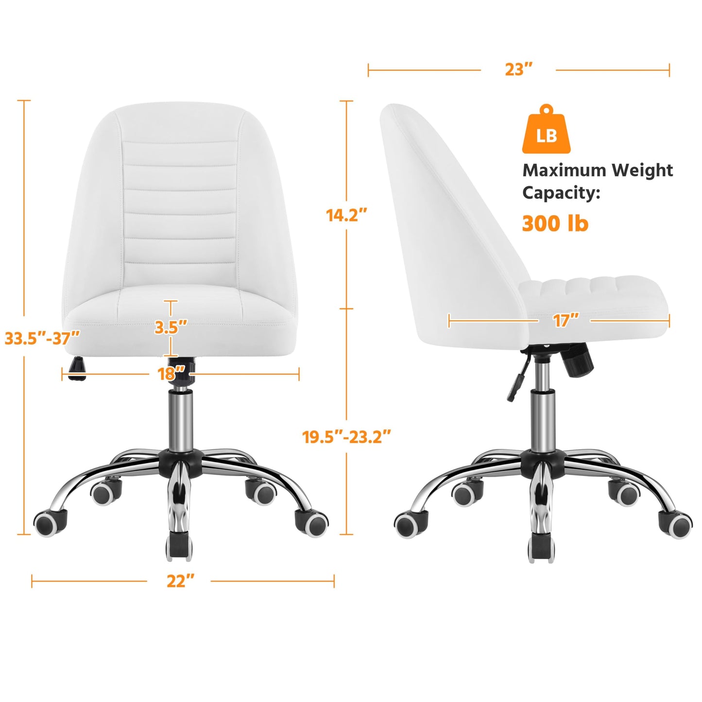 Yaheetech Mid Back PU Leather Armless Desk Office Chair, Modern Vanity Chair with Rolling Wheels, Metal Base White