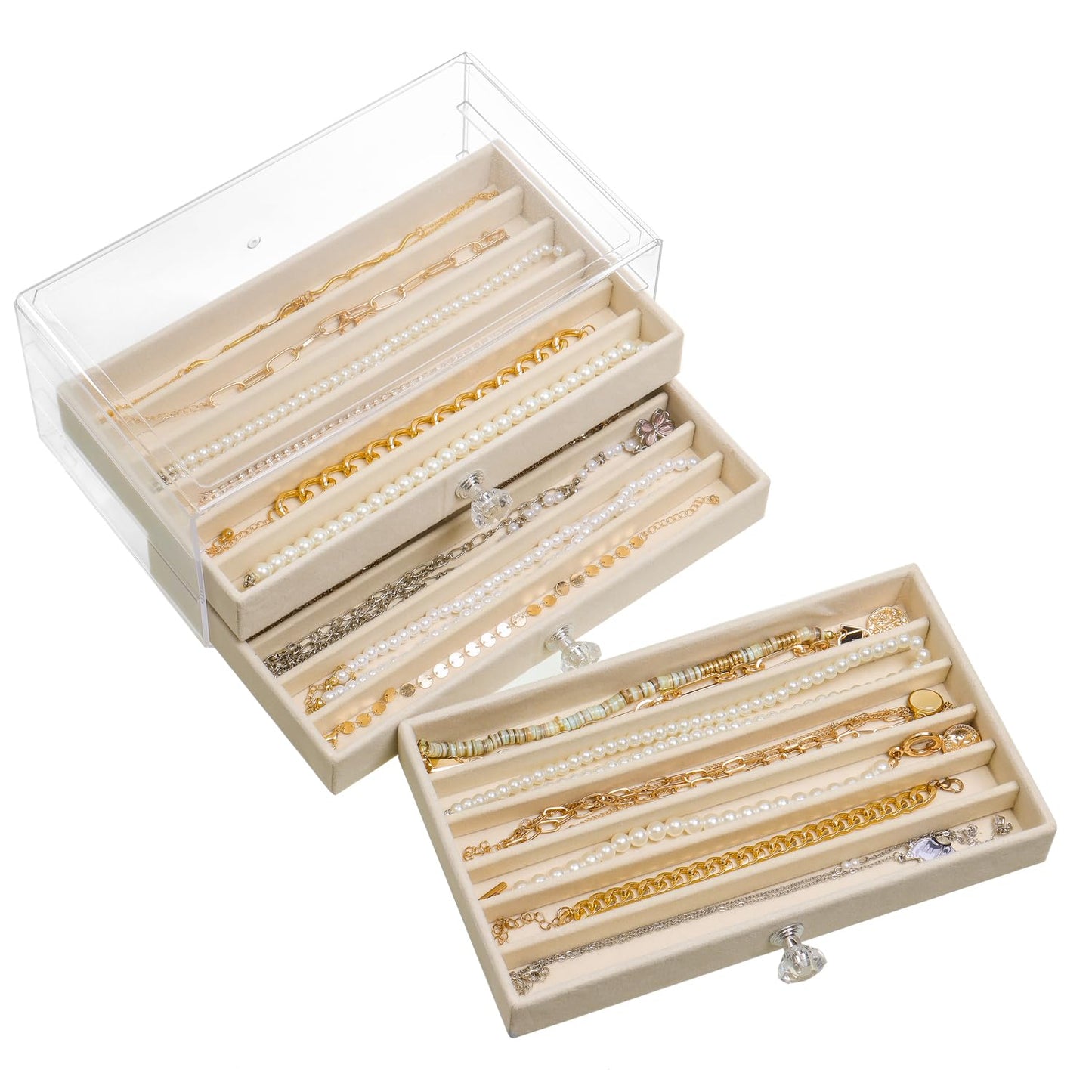 SPAKOWN Necklace Organizer Box, Velvet Necklace Box Holder Tray with Clear Lid Chains Showcase Stackable Necklace Storage for Pendant Bracelet (3 Drawers - Beige)