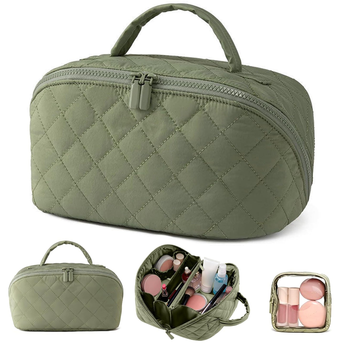 Kezzfpa Makeup Bag, Quilted Makeup Bag, Cosmetic Organizer Bag, Travel Makeup Bag, Waterproof Pouch Toiletry Bag for Women Makeup Organizer Case (Green)