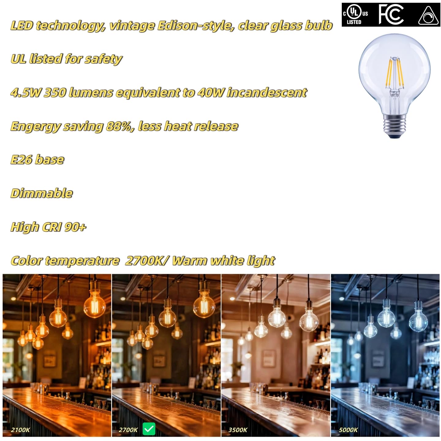 Synoonphen G25 LED Globe Light Bulbs, Dimmable 40W Equivalent CRI 90+, E26 Base, Warm White 2700K, Edison Vanity Light Bulbs for Bedroom, Kitchen, Vanity, Mirror Vintage, Round Clear Glass, 6 Pack