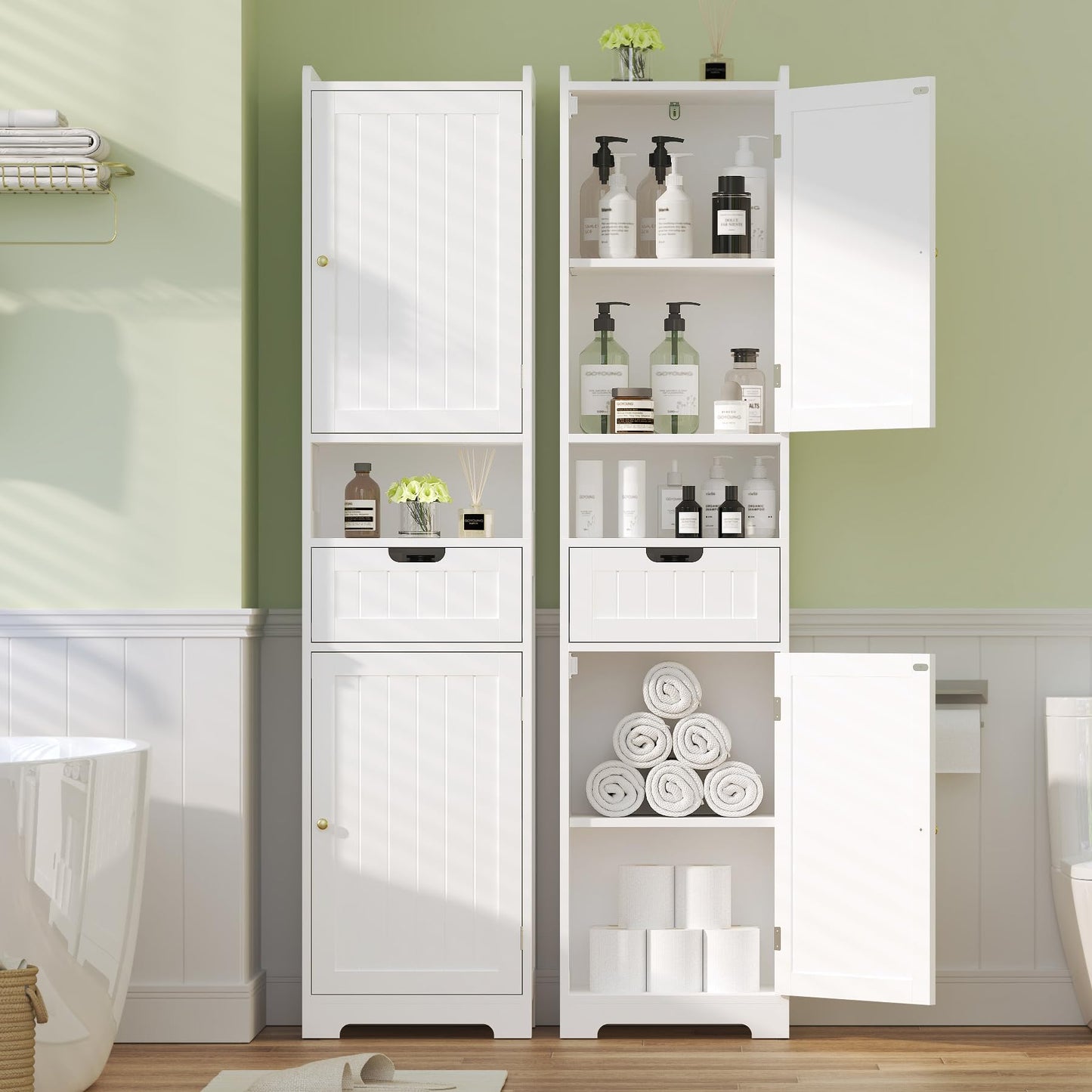 TidyHaven 67" H Tall Bathroom Storage Cabinet, Slim Narrow Organizer with Adjustable Shelves, 2 Doors & 1 Drawer, Freestanding Floor Cabinet for Bathroom, Kitchen, Living Room (White)