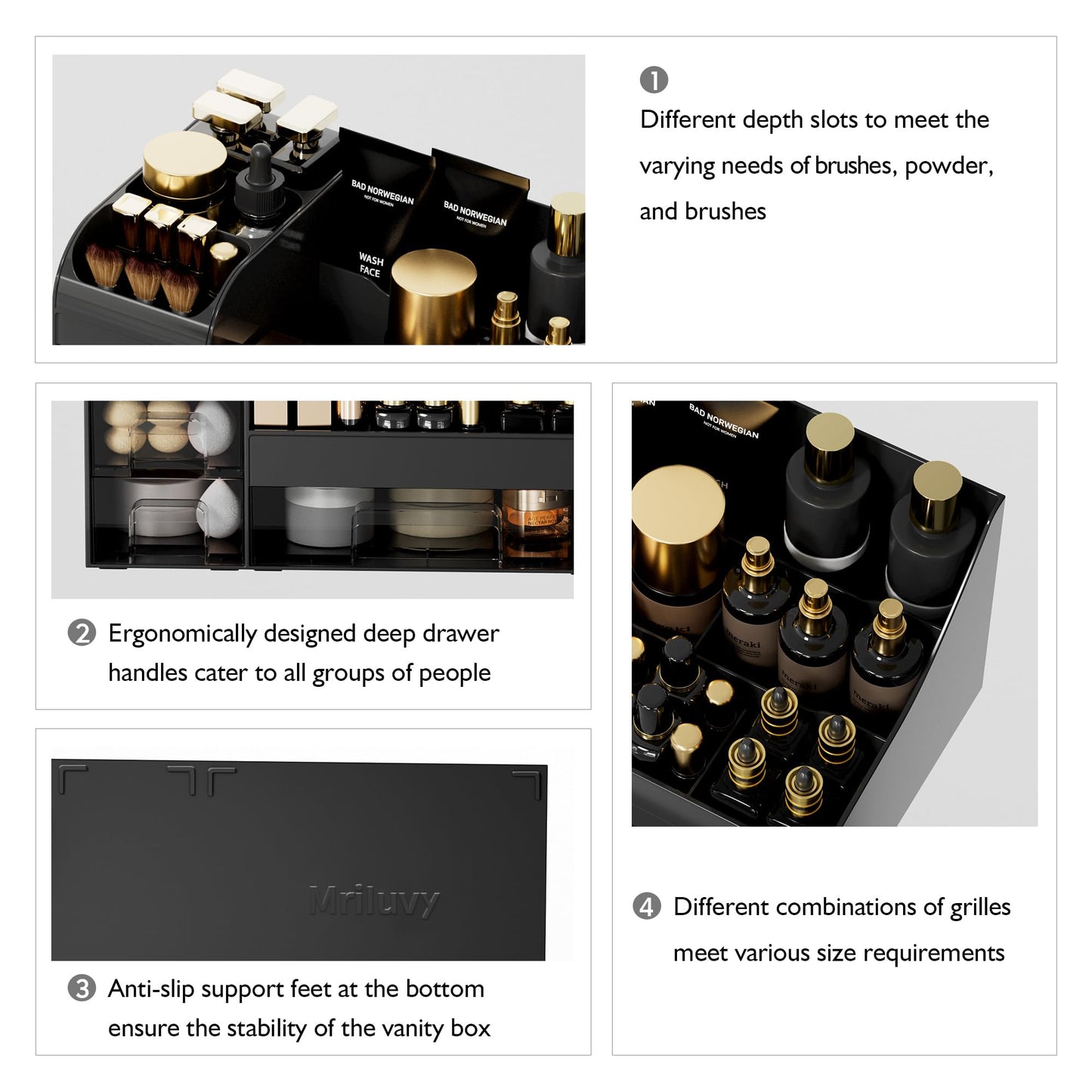 Mriluvy Large Makeup Organizer for Vanity,Countertop Organizer with Drawers and Brush Holder,Men’s Cologne Organizer for Bathroom,Cosmetic Skin Storage for Lipsticks,Nail Polish & Shaving Lotion,Black