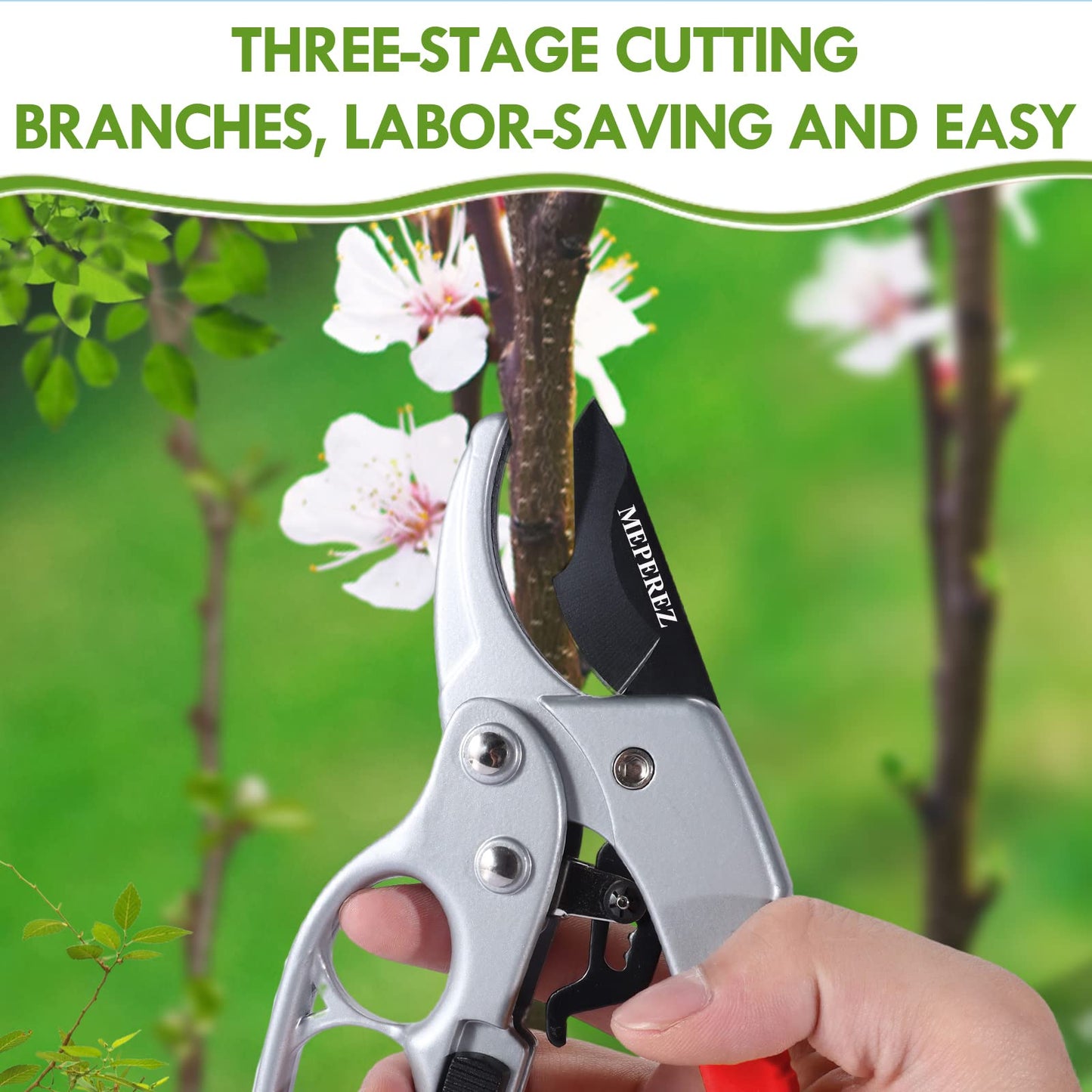 MEPEREZ Premium pruning shears for gardening, Work 3 times easier, Pruners heady duty, Sharp garden clippers cuting florist flower, hedge, herb, rose, Indoor live plants, Arthritis weak hand snips