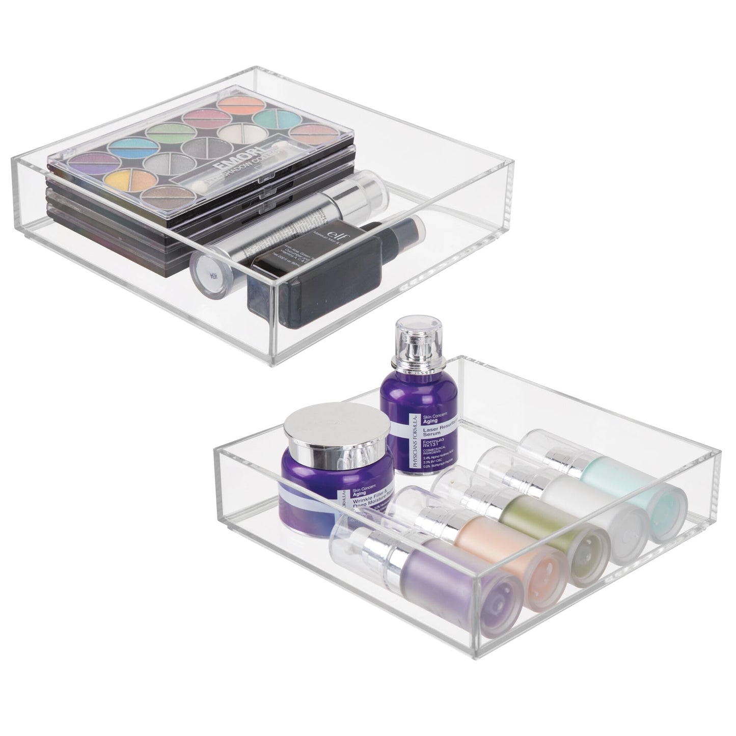 iDesign Plastic Makeup Drawer Organizer Tray - Vanity Organizer or Desk Drawer Organizer - Set of 2 - Clear
