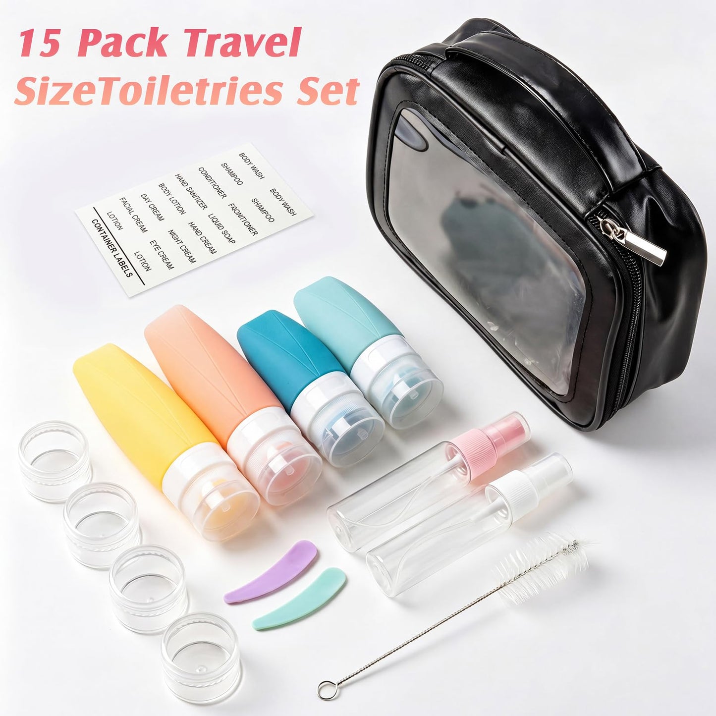 Jingmore 15 Pcs Travel Bottles Set for Toiletries PU Leather Toiletry Bag Travel Size Mini Makeup Containers Silicone Toiletry Bottles Pump Spray for Liquid Serum Cream Lotion Skincare Shampoo(White)