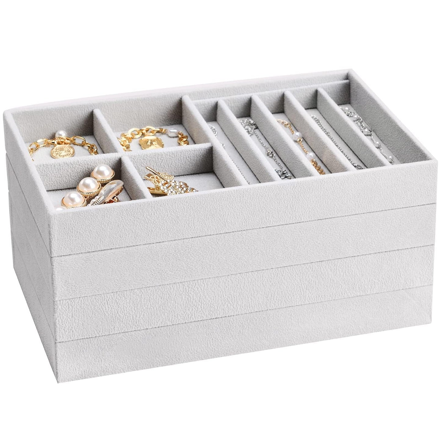 ProCase Stackable Jewelry Organizer Trays for Drawers, Jewelry Drawer Inserts Container Display Case Storage for Earring Necklace Rings Bracelet with Removable Dividers -Grey, 4 Layers
