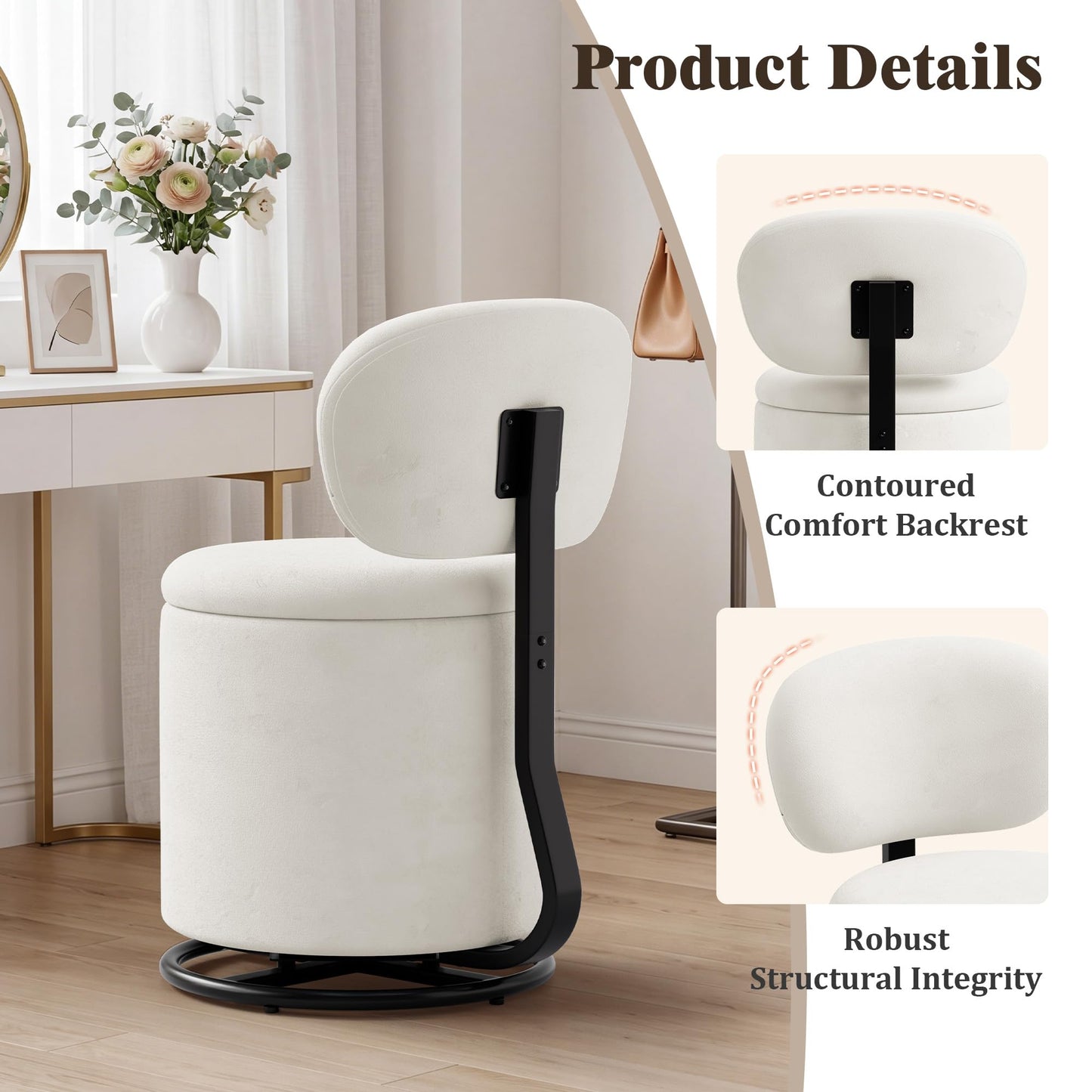 LIVELYGLOW White Velvet Swivel Vanity Chair with Storage Makeup Stool