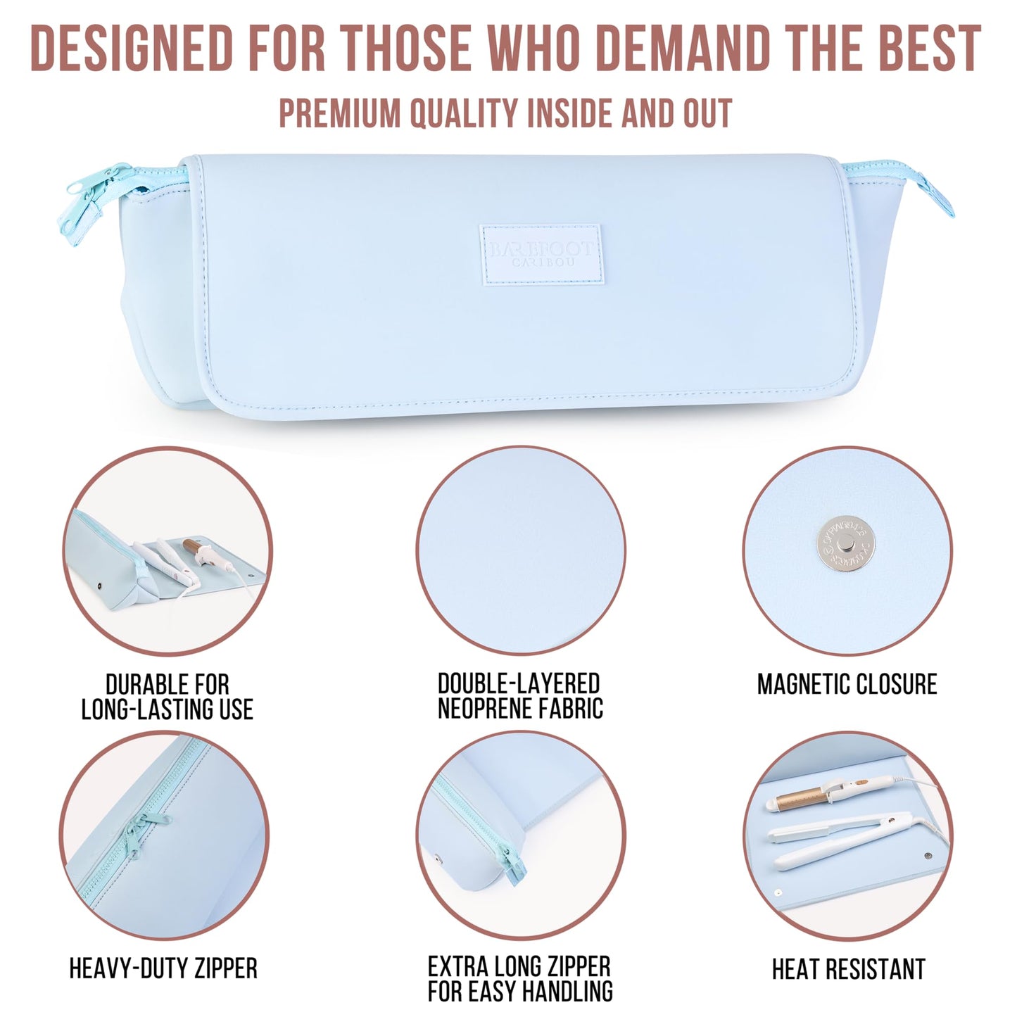 BAREFOOT CARIBOU Hair Tools Travel Bag and Heat Resistant Mat (15.5") for Flat Irons, Straighteners, Curling Iron, and Haircare Accessories, 2-in-1 design, with Interior Pockets, Organizer (Baby Blue)
