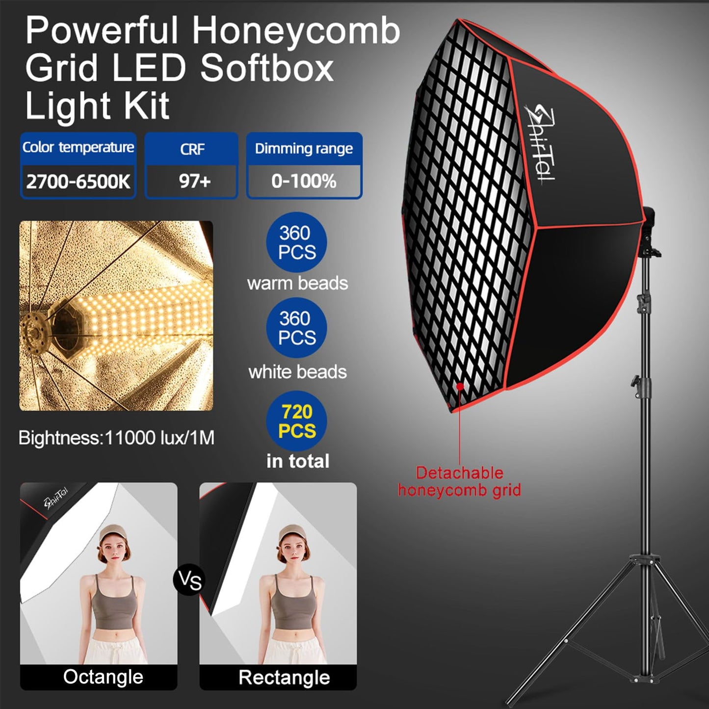 Shirtal Softbox Photography Lighting Kit,37" Octange Softbox Lighting Kit with Honeycomb Grid 110W 2700K-6500K 11000Lux Dimmable LED Prismatic Lamp and Remote Control, Lighting for Video Recording