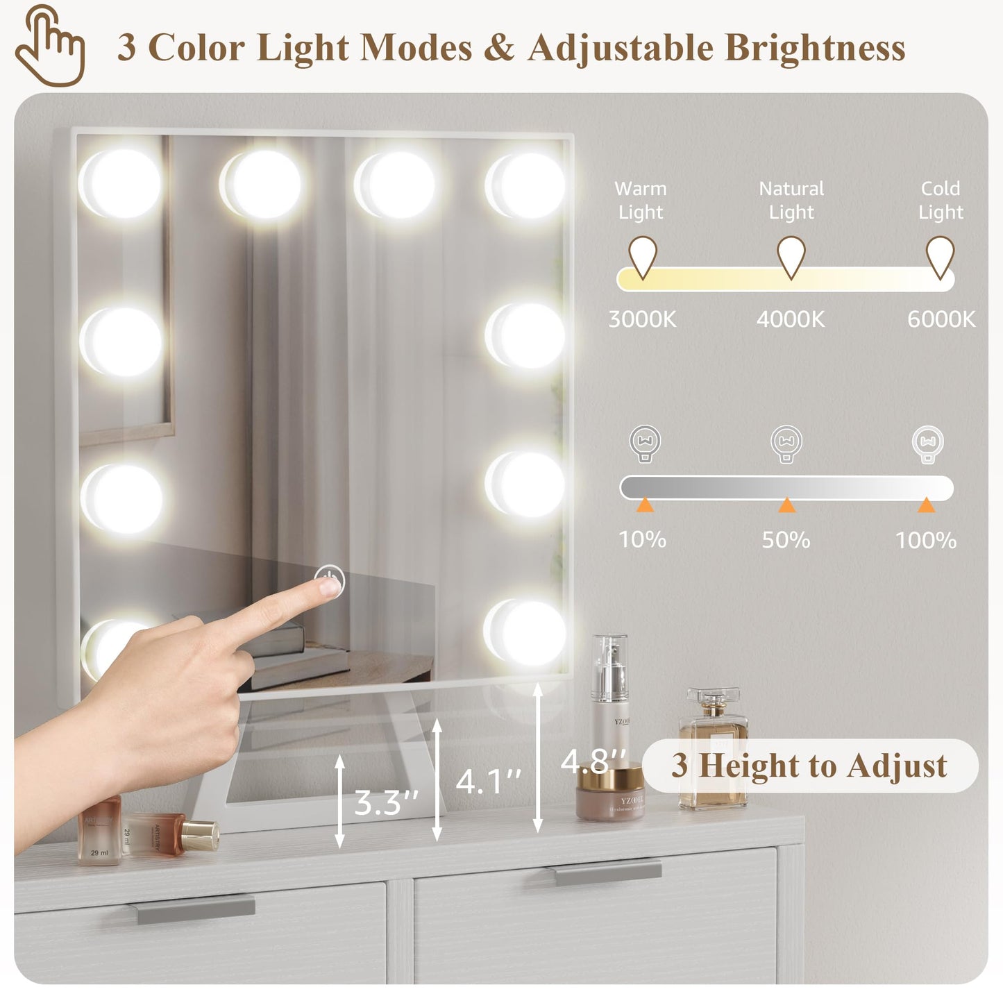 BOLUO White Makeup Vanity Desk with Hollywood Mirror and Lights, Girls Compact Make Up Table with Drawers and Outlet for Bedroom Small Space