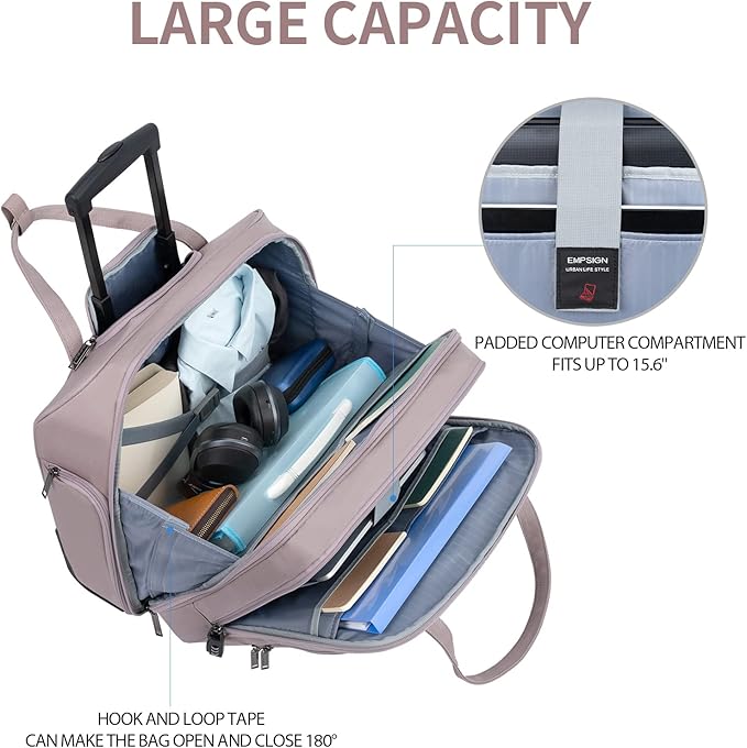 EMPSIGN Rolling Laptop Bag Women with Wheels, Briefcase for Women Fits Up to 15.6 Inch Laptop Briefcase on Wheels, Water-Repellent Overnight Rolling Computer Bag with RFID Pockets, Grey Pink