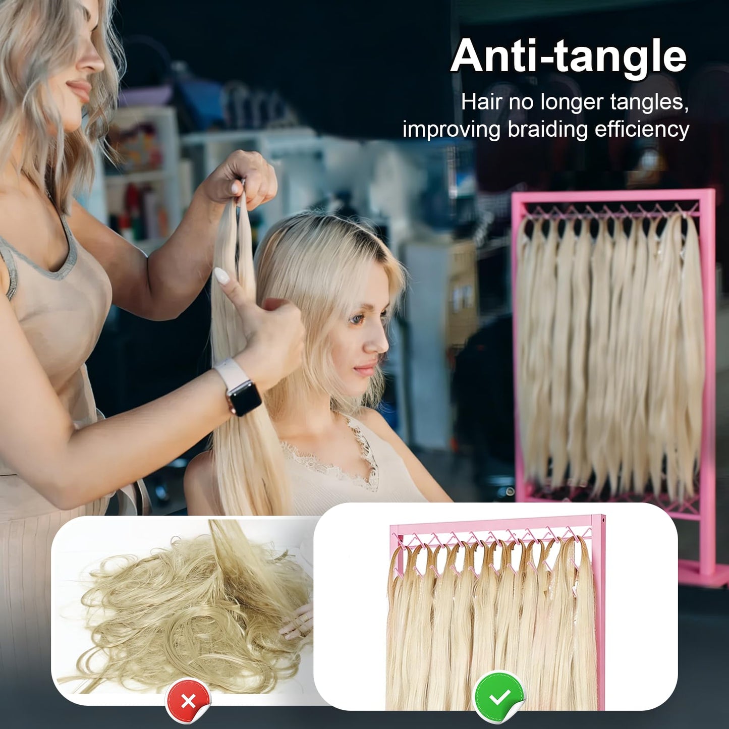 Portable Braiding Hair Rack with Wheels & Storage Drawers,2-Sided 288 Pegs,Hair Extension Holder Hanger for Braiding Hair Separator Stand Display,Hair Rack with Stylist Hair braiding Tools（Pink）