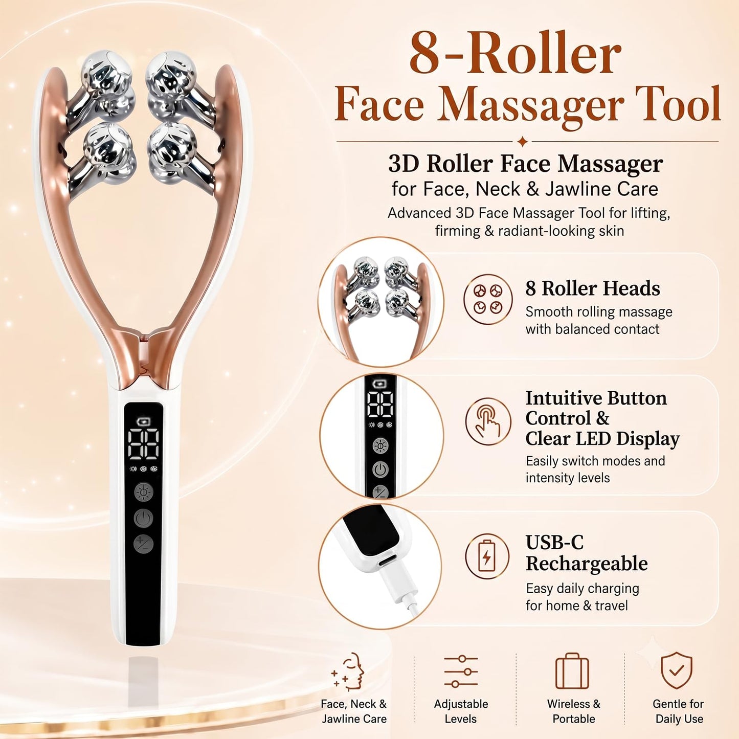 SZMDLX Wireless Face Massager Tool, 8-Roller 3D Face Roller for Women, LED Facial Massager,V-Shape Face Sculpting Tool for Jawline, 6 Light & Vibration Modes, USB-C Rechargeable
