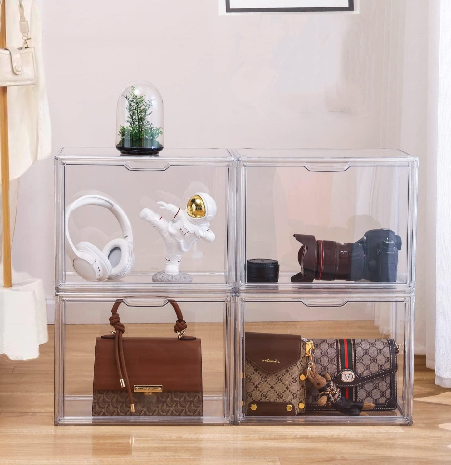 ZLLZUU Purse Organizer for Closet, 5 Pack Clear Acrylic Display Case for Purse Handbag Storage, Stackable Purse Storage Boxes with Magnetic Door for Collectibles, Wallet, Cosmetic